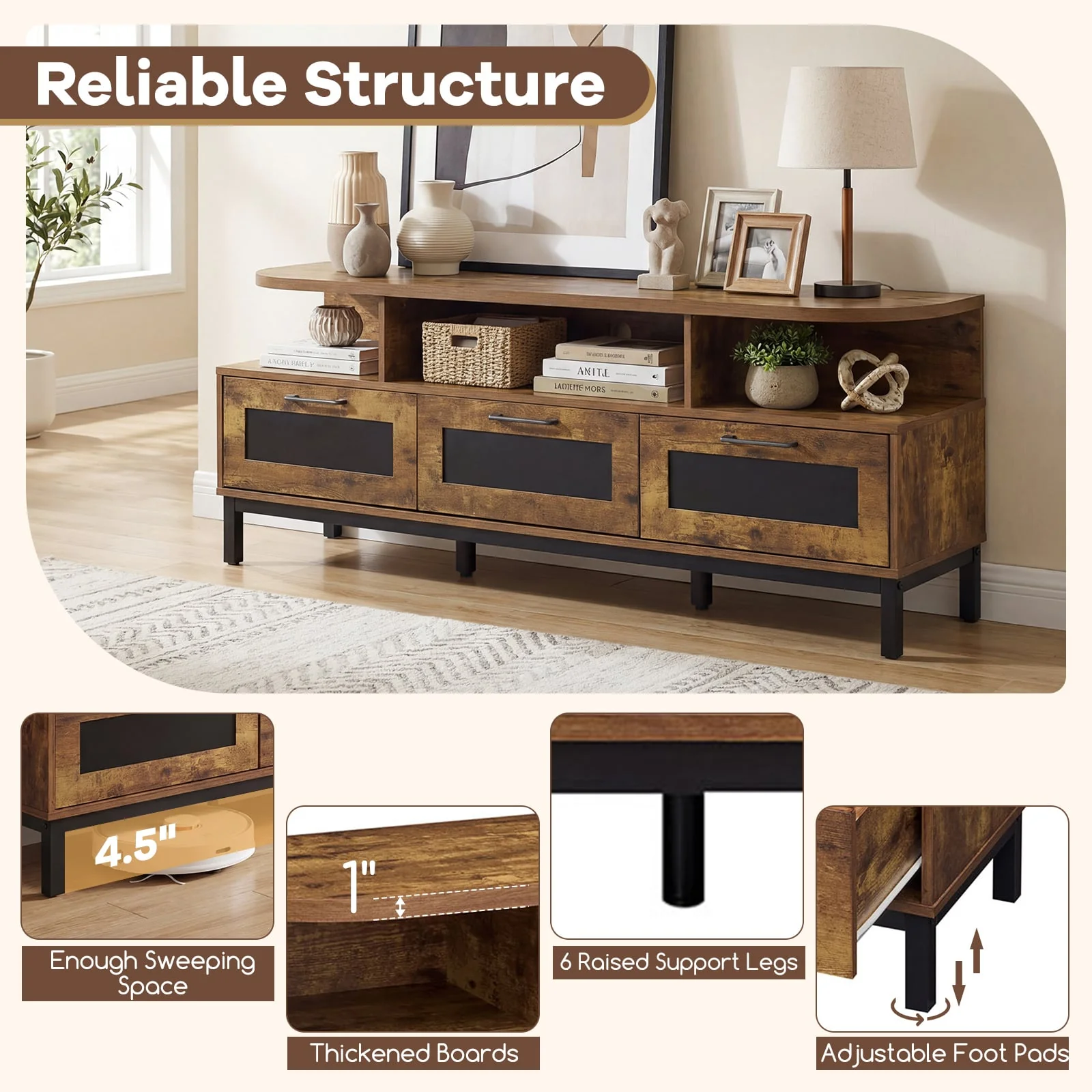 Entertainment Center, 3 Storage Drawers, Open Shelves, Brown - Image 7