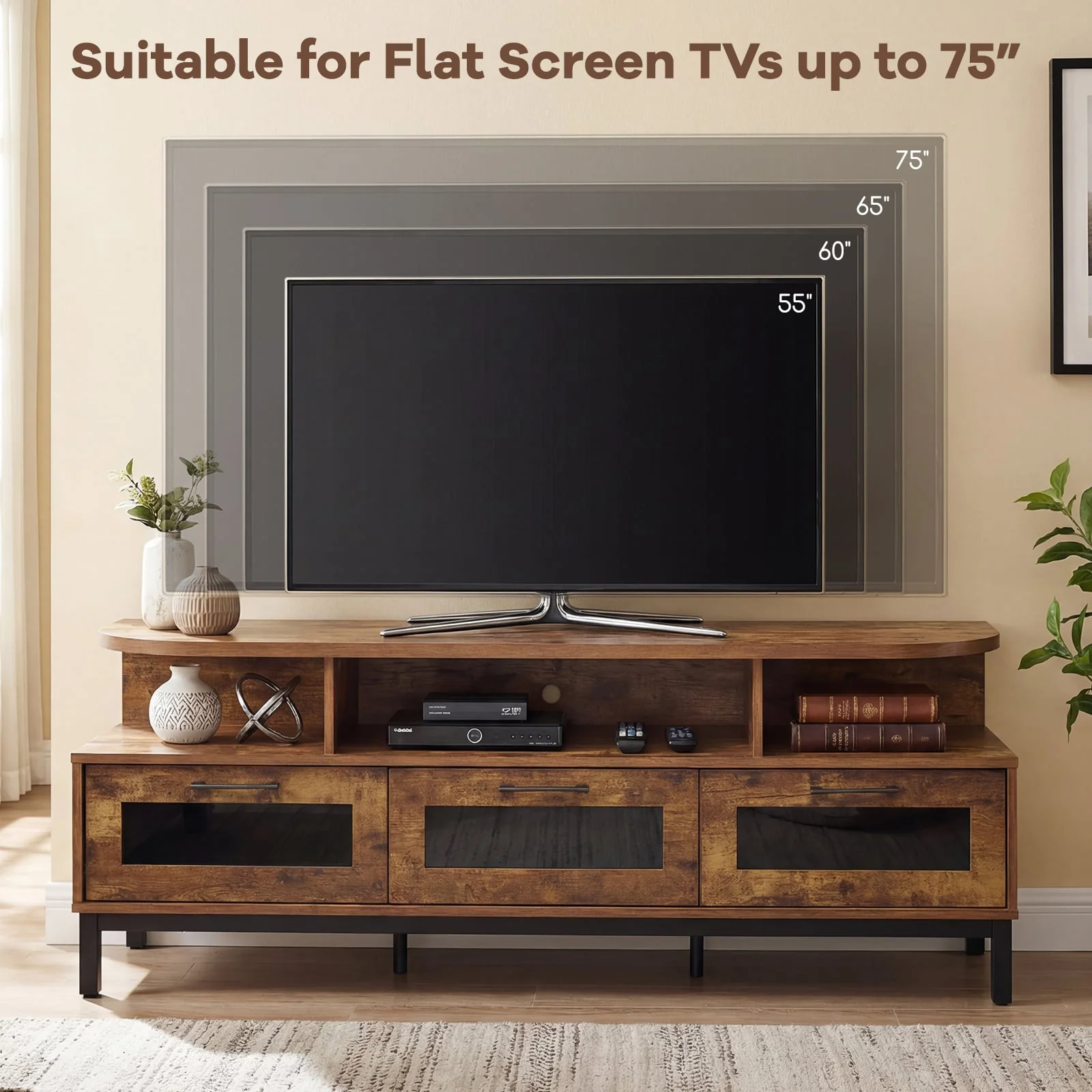 Entertainment Center, 3 Storage Drawers, Open Shelves, Brown - Image 8