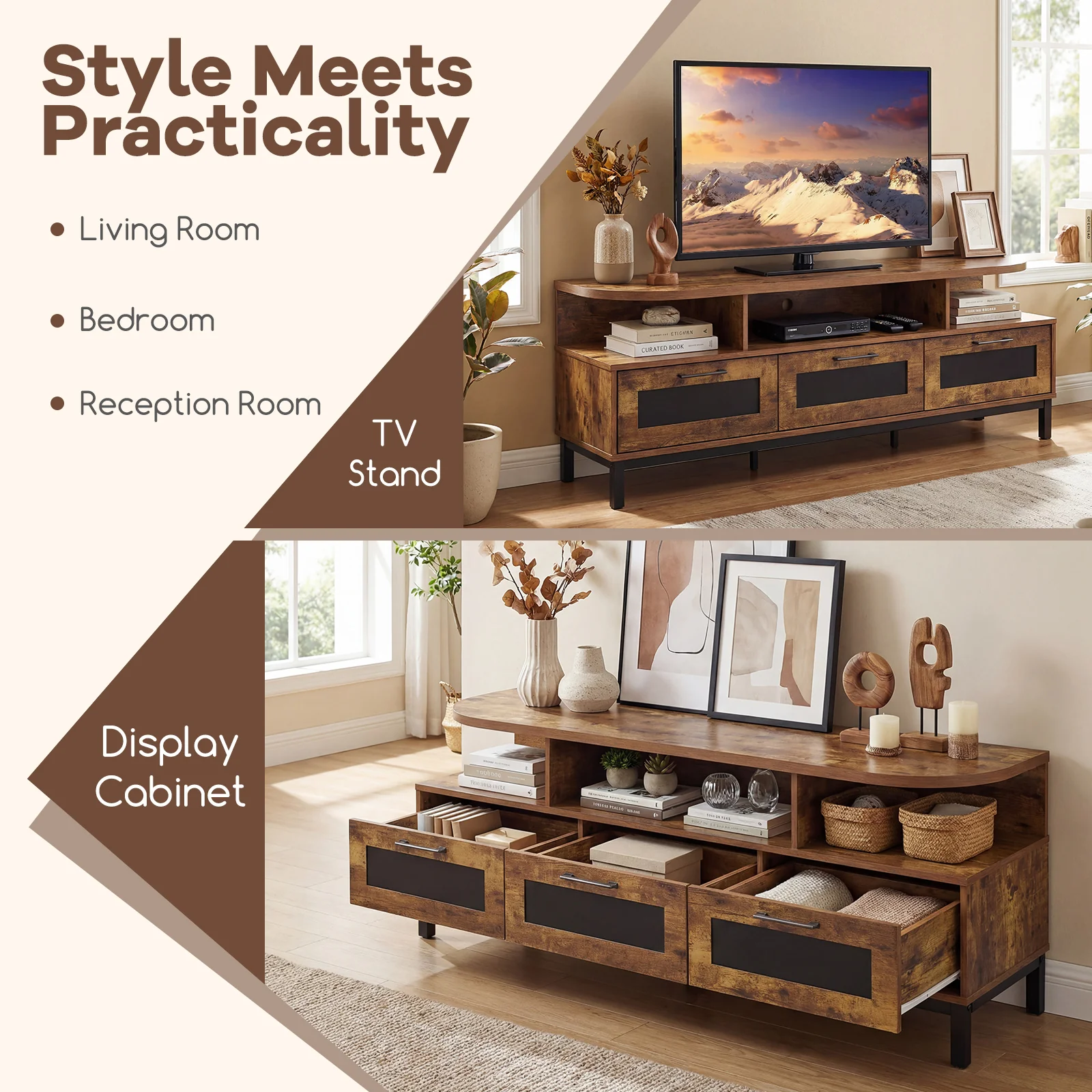 Entertainment Center, 3 Storage Drawers, Open Shelves, Brown - Image 9