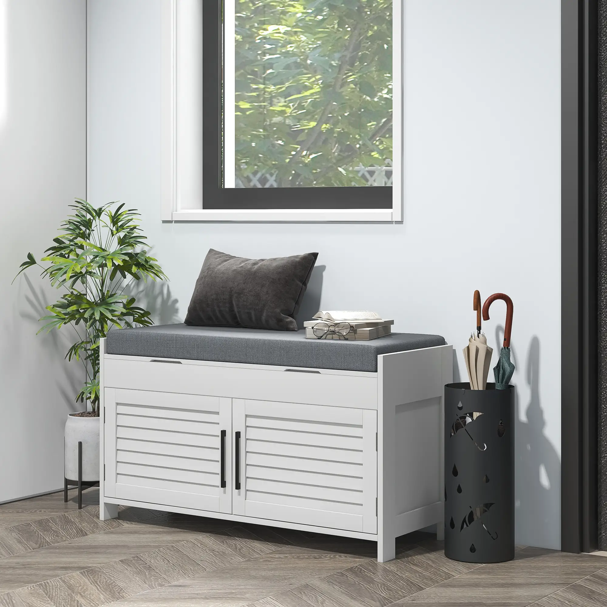 Entryway Bench with Cushion, Hidden Storage, 35.4", White - Image 2
