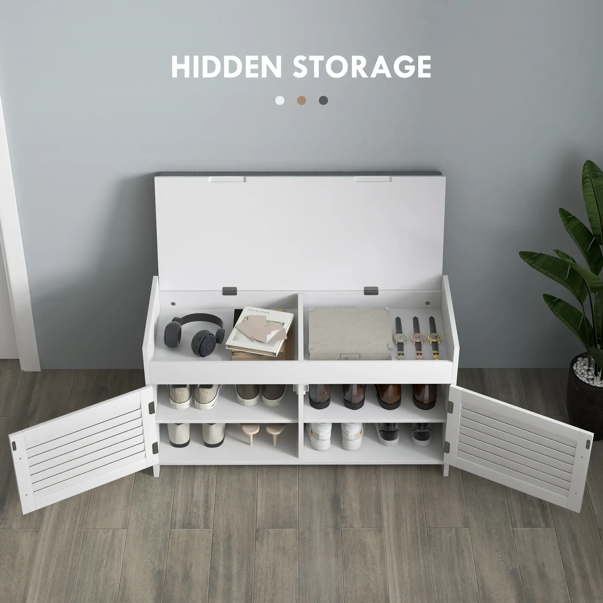 Entryway Bench with Cushion, Hidden Storage, 35.4", White - Image 4
