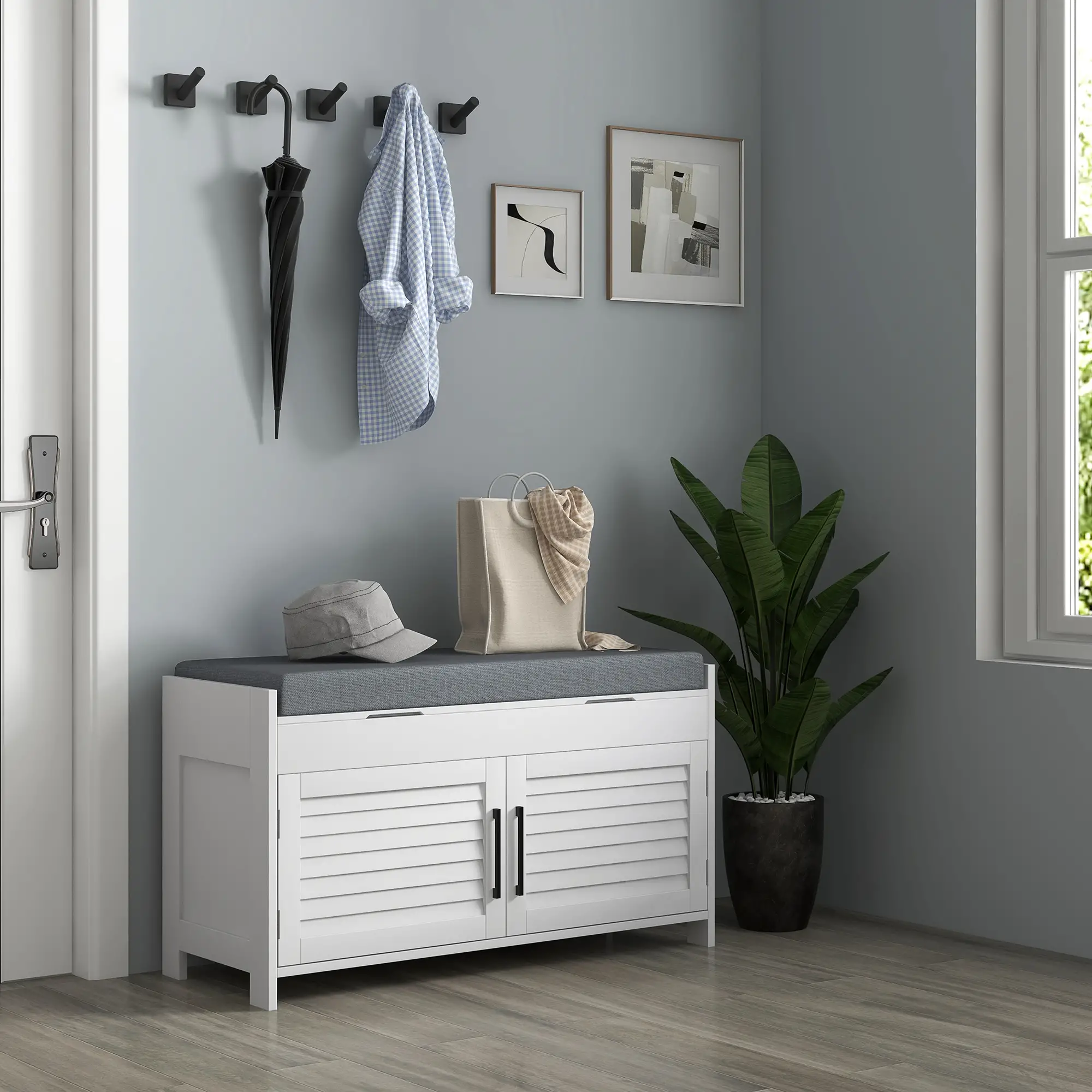Entryway Bench with Cushion, Hidden Storage, 35.4", White - Image 8