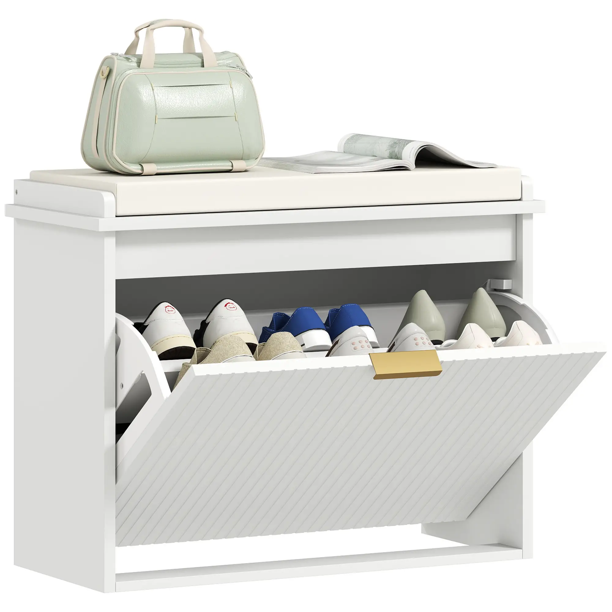 Entryway Bench with Padded Seat, Flip-Drawers, Holds 265lbs, Shoe Storage for 6 Pairs, White - Image 11