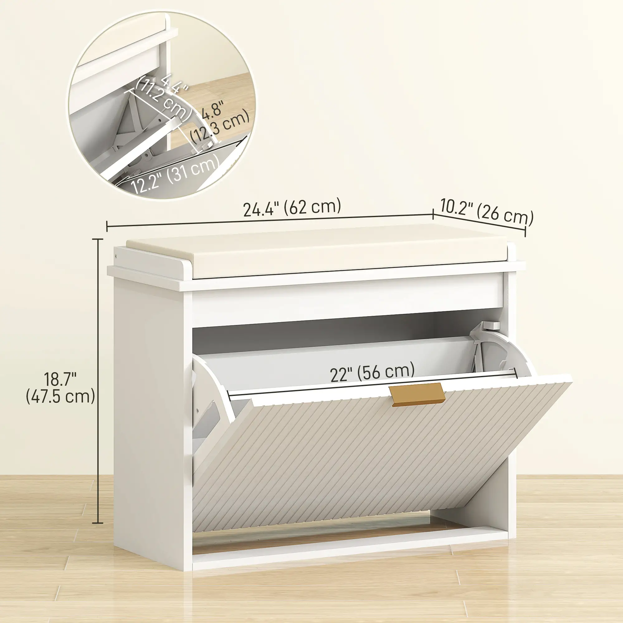 Entryway Bench with Padded Seat, Flip-Drawers, Holds 265lbs, Shoe Storage for 6 Pairs, White - Image 3