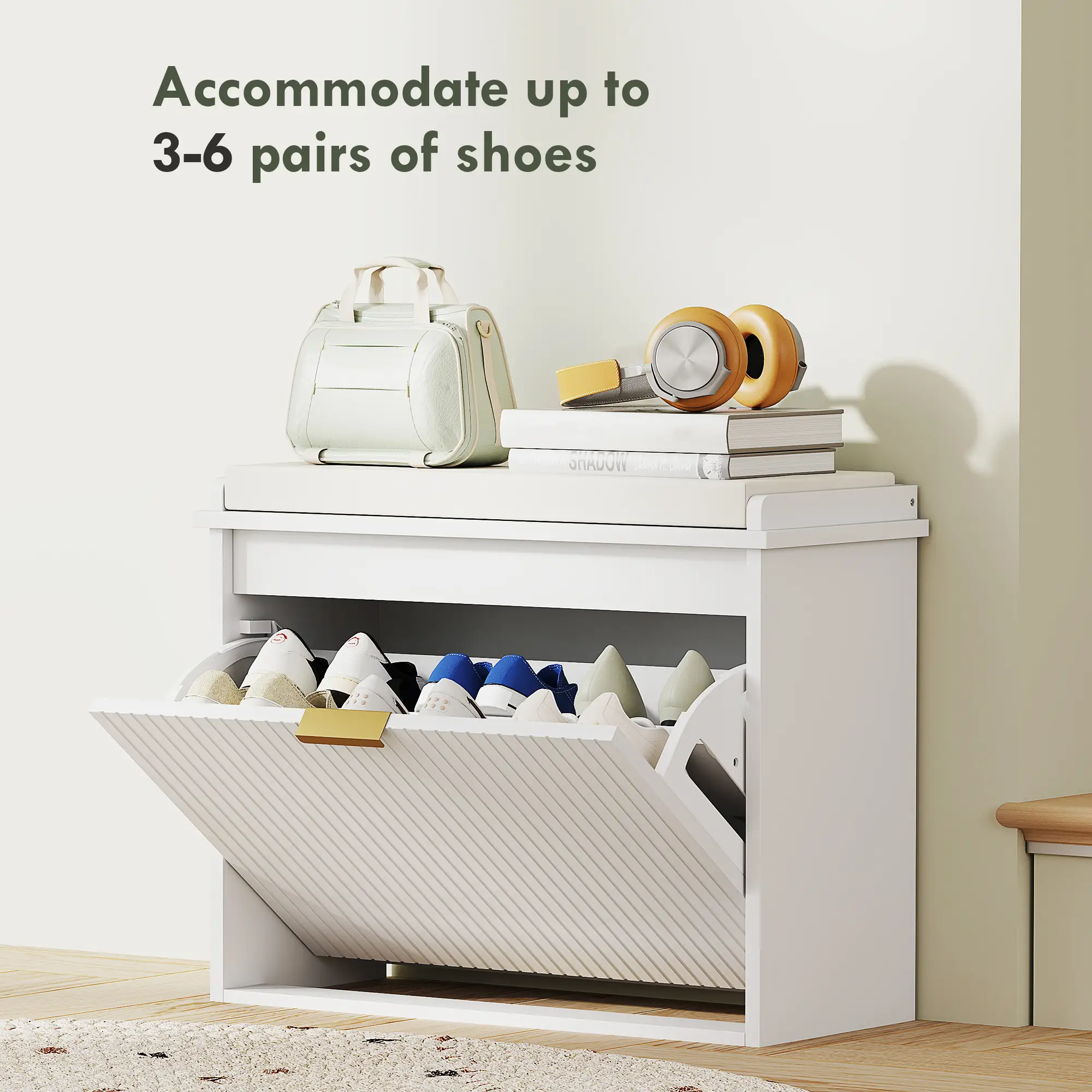 Entryway Bench with Padded Seat, Flip-Drawers, Holds 265lbs, Shoe Storage for 6 Pairs, White - Image 5