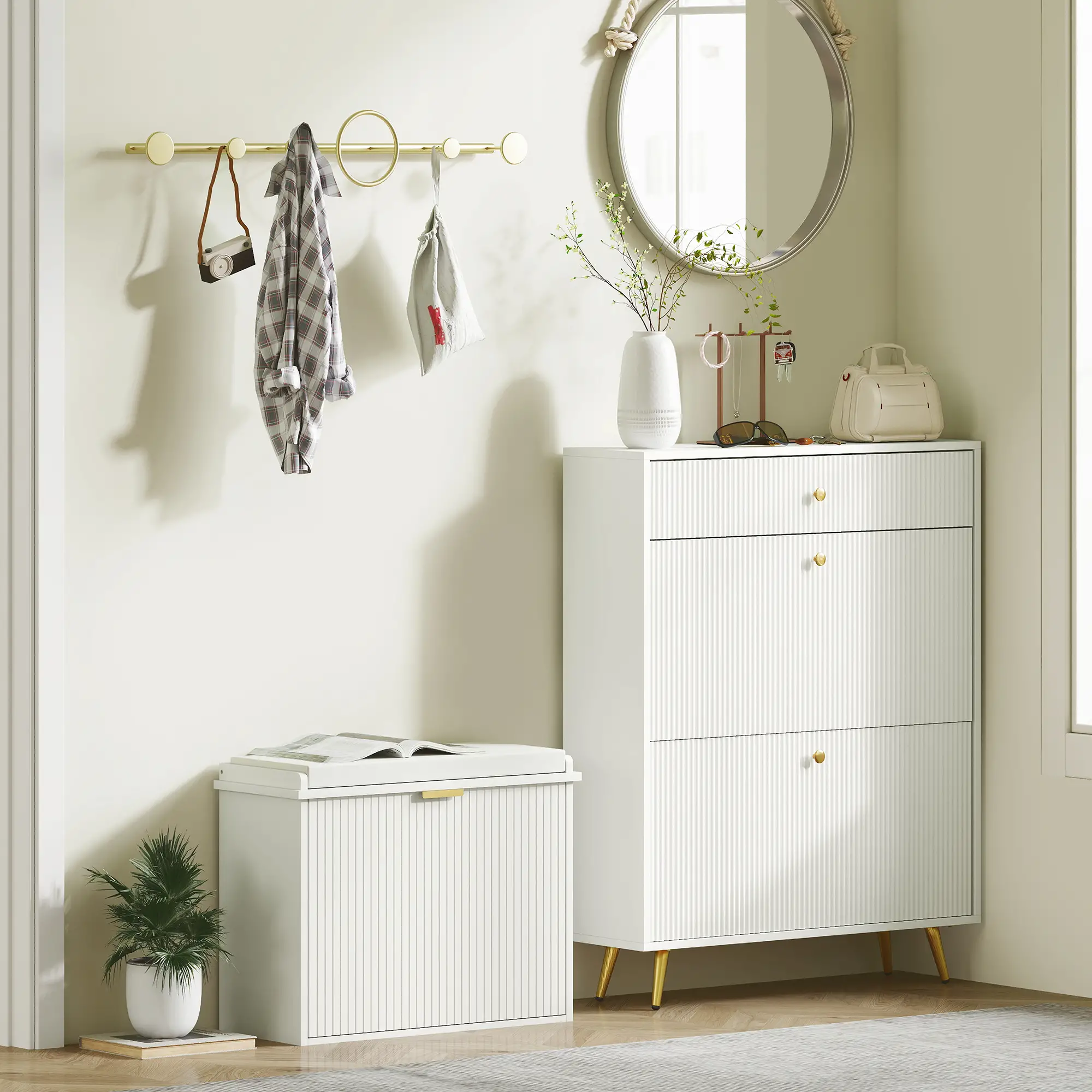 Entryway Bench with Padded Seat, Flip-Drawers, Holds 265lbs, Shoe Storage for 6 Pairs, White - Image 9