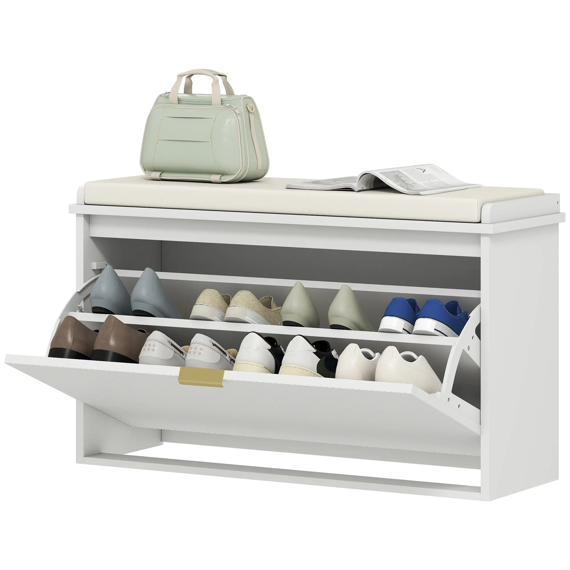 Entryway Bench with Padded Seat, Flip-Drawers, Holds 265lbs, Shoe Storage for 8 Pairs, White