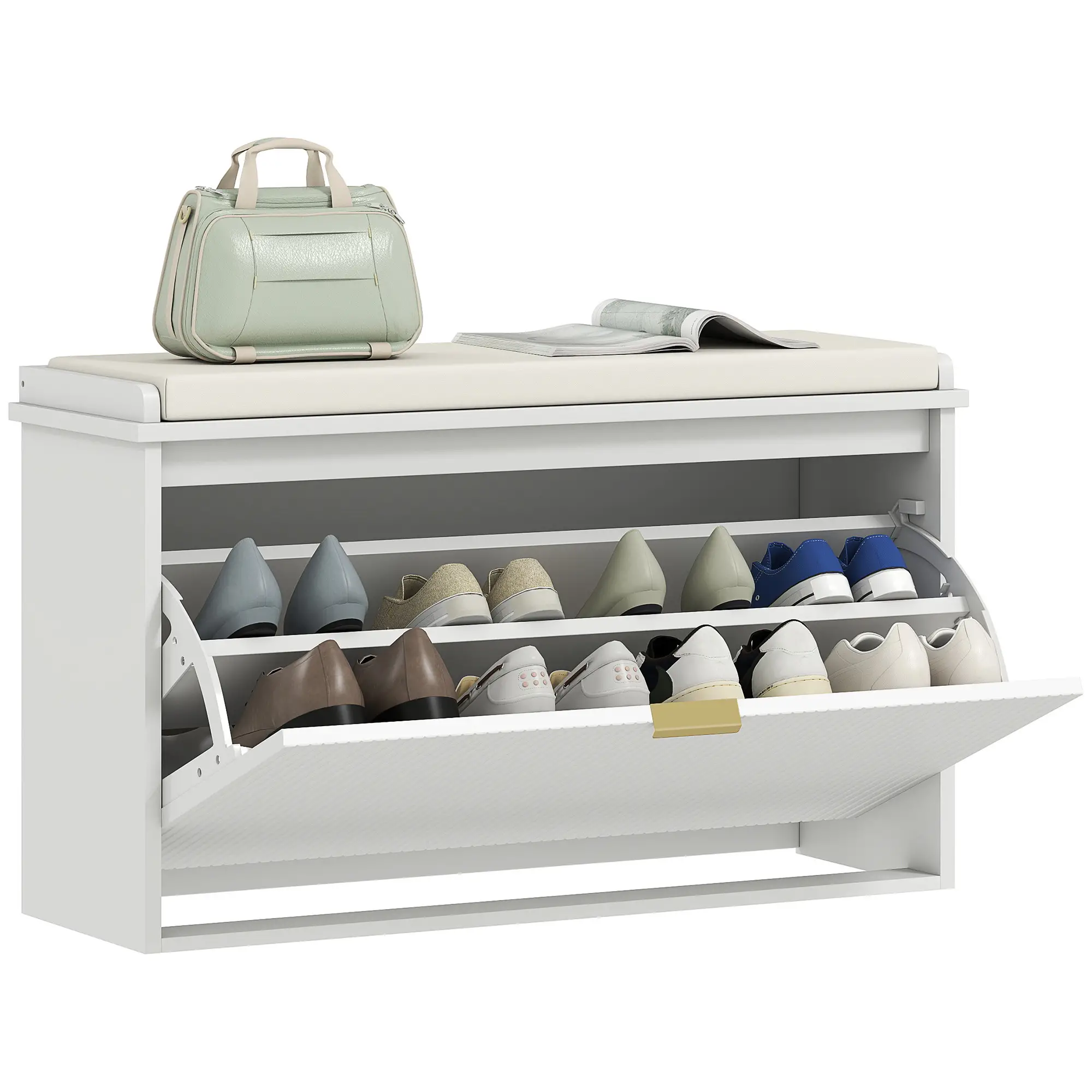 Entryway Bench with Padded Seat, Flip-Drawers, Holds 265lbs, Shoe Storage for 8 Pairs, White - Image 11