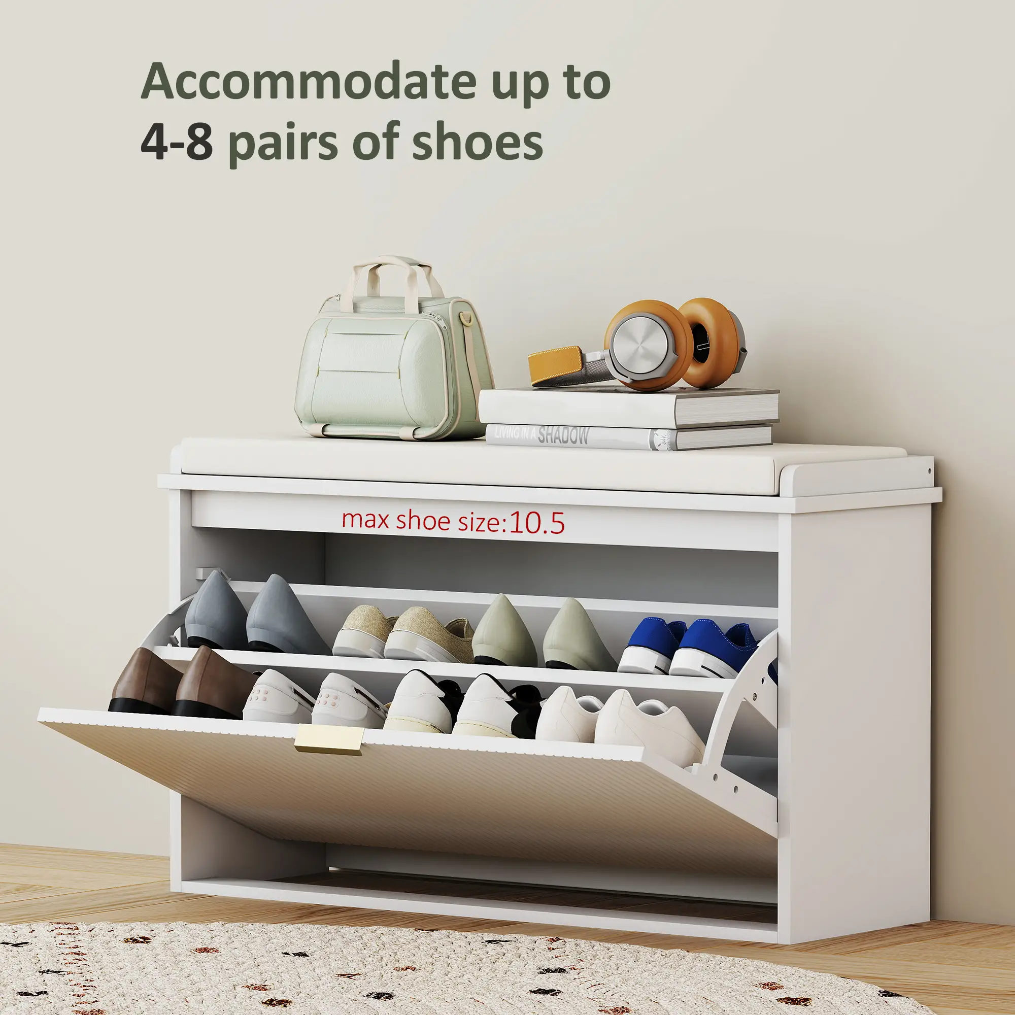 Entryway Bench with Padded Seat, Flip-Drawers, Holds 265lbs, Shoe Storage for 8 Pairs, White - Image 5