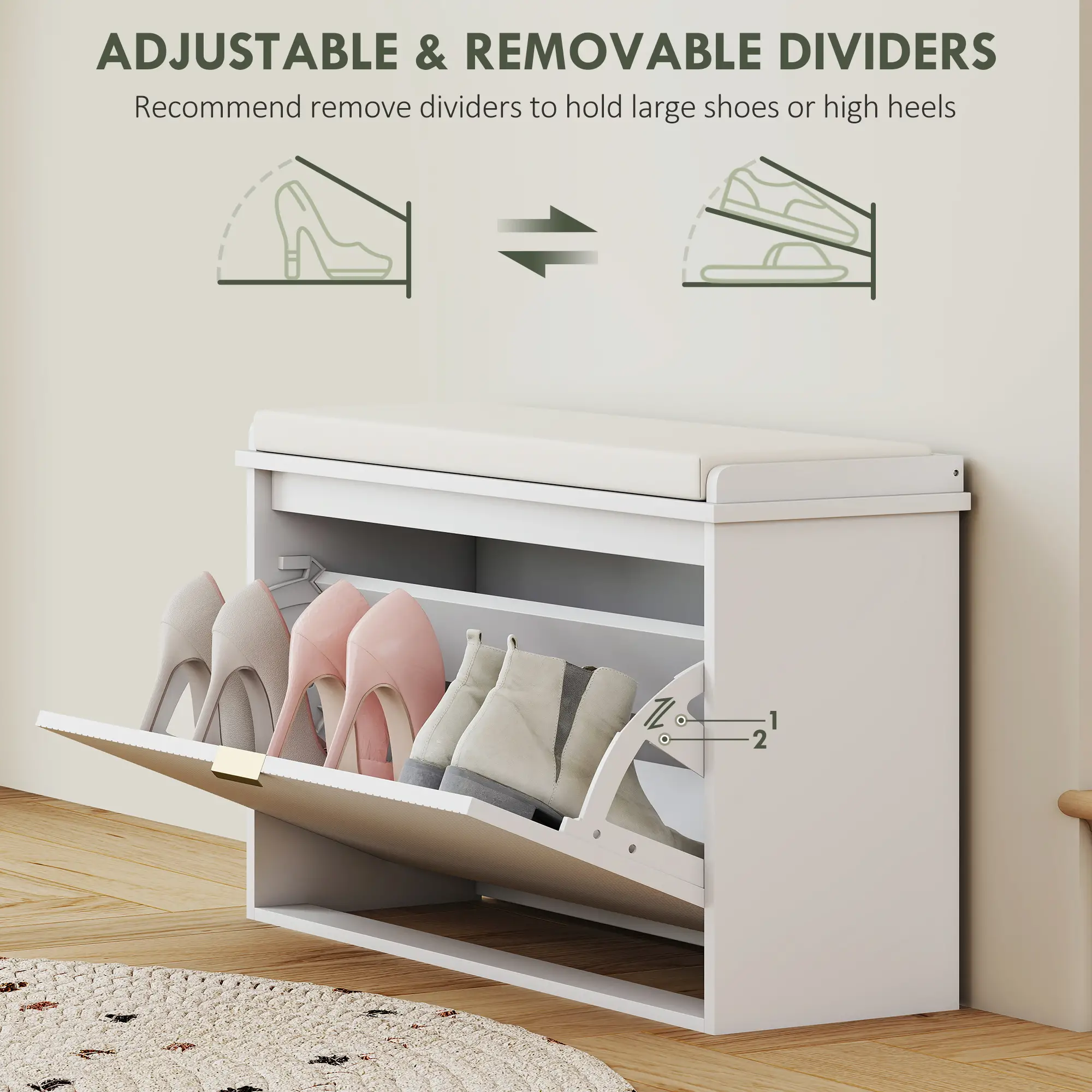 Entryway Bench with Padded Seat, Flip-Drawers, Holds 265lbs, Shoe Storage for 8 Pairs, White - Image 6