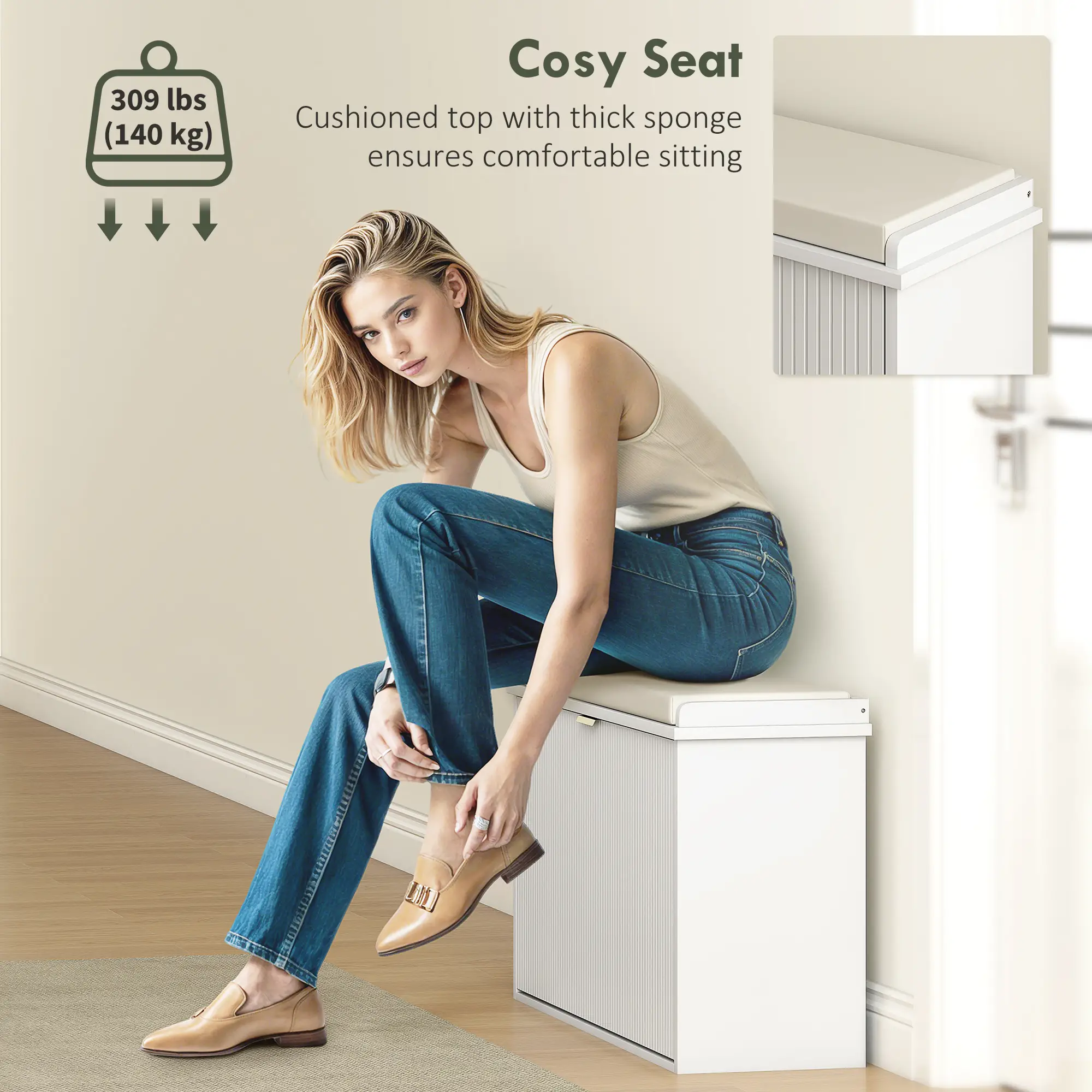 Entryway Bench with Padded Seat, Flip-Drawers, Holds 265lbs, Shoe Storage for 8 Pairs, White - Image 7