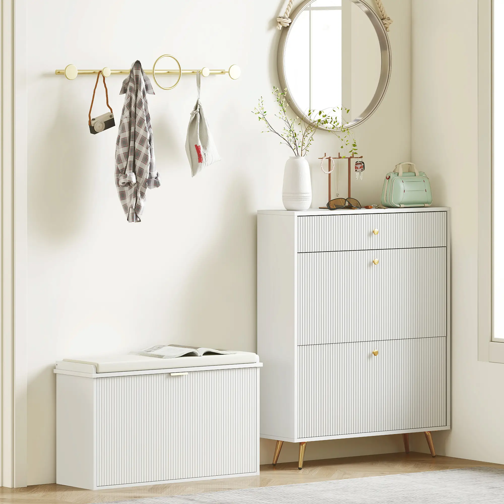 Entryway Bench with Padded Seat, Flip-Drawers, Holds 265lbs, Shoe Storage for 8 Pairs, White - Image 9