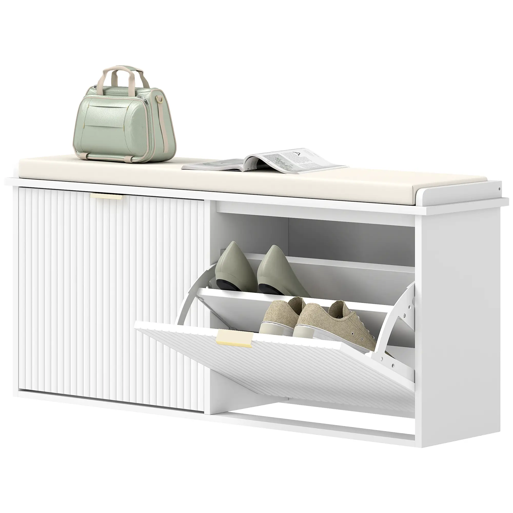 Entryway Bench with Padded Seat, Flip-Drawers, Holds 529lbs, White