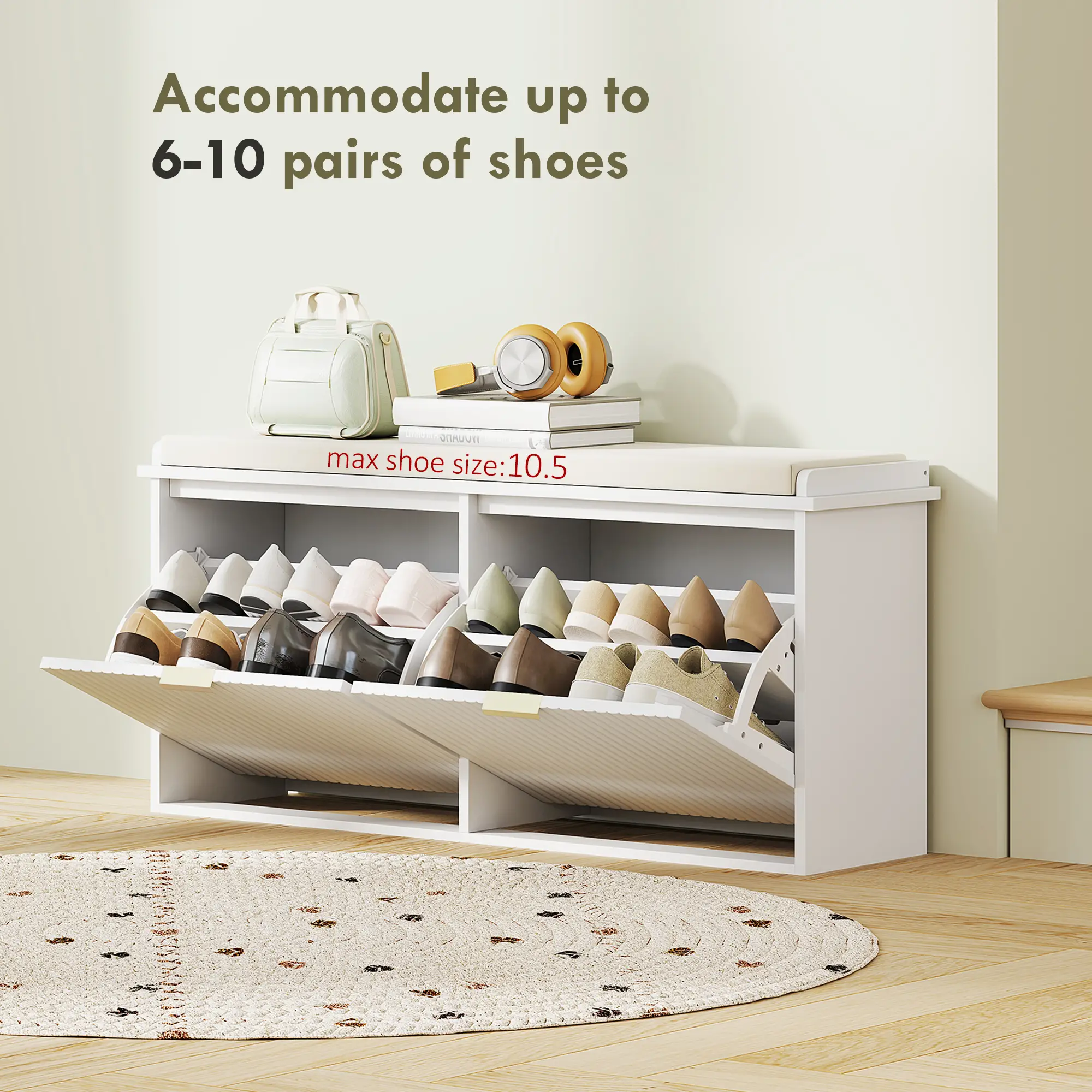 Entryway Bench with Padded Seat, Flip-Drawers, Holds 529lbs, White - Image 5