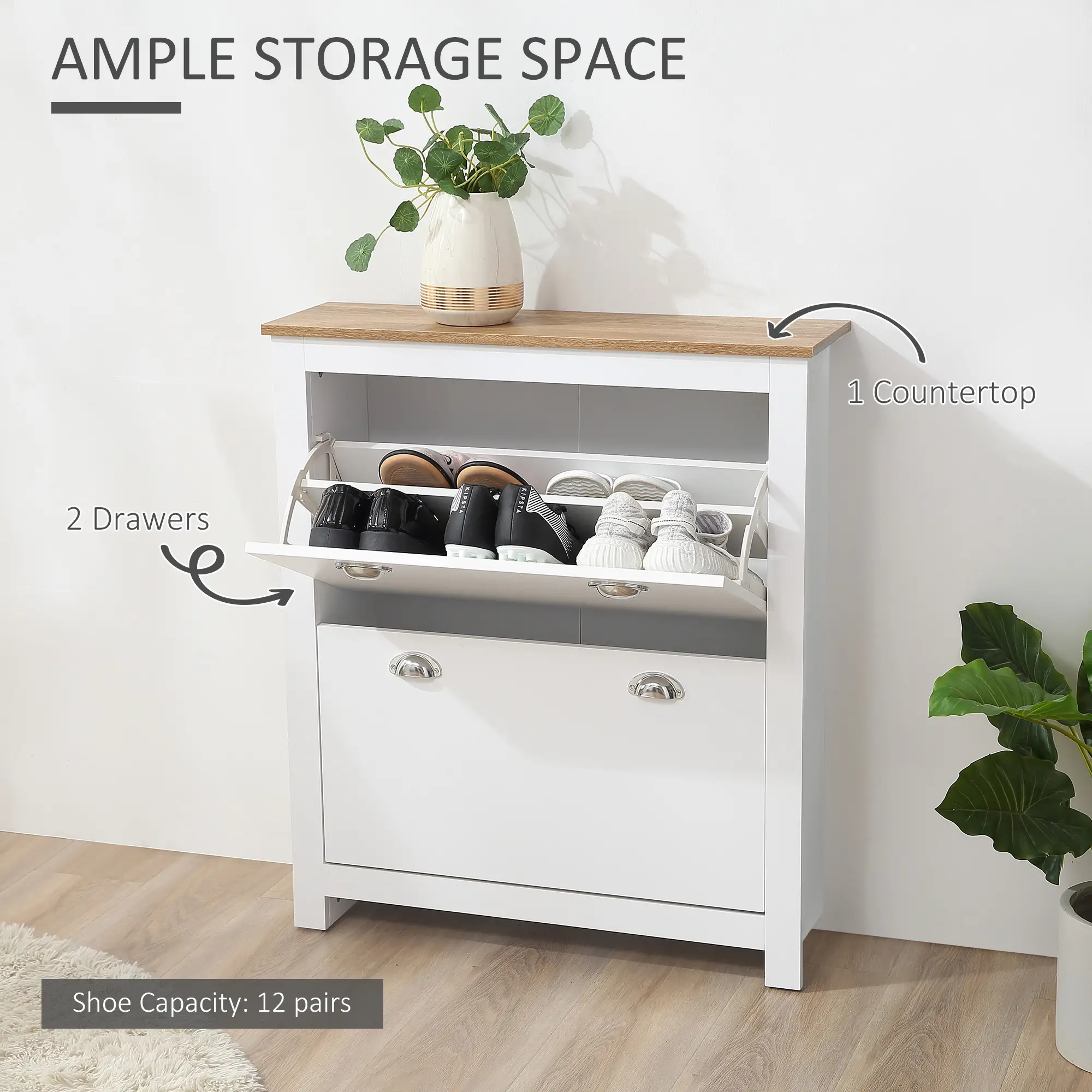Entryway Shoe Cabinet, 2 Flip Drawers, Adjustable Shelves, 12 Pair, White - Image 4