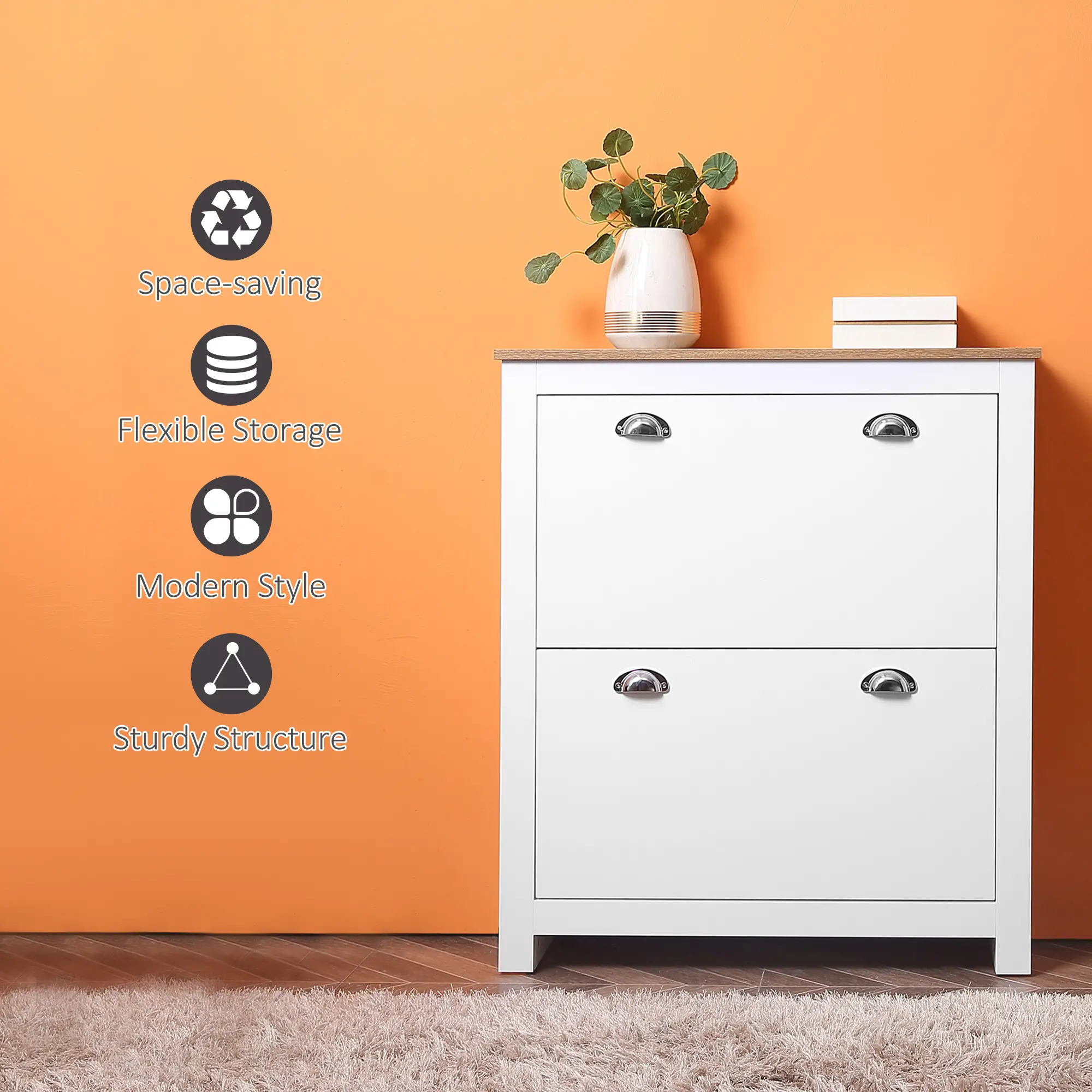 Entryway Shoe Cabinet, 2 Flip Drawers, Adjustable Shelves, 12 Pair, White - Image 7