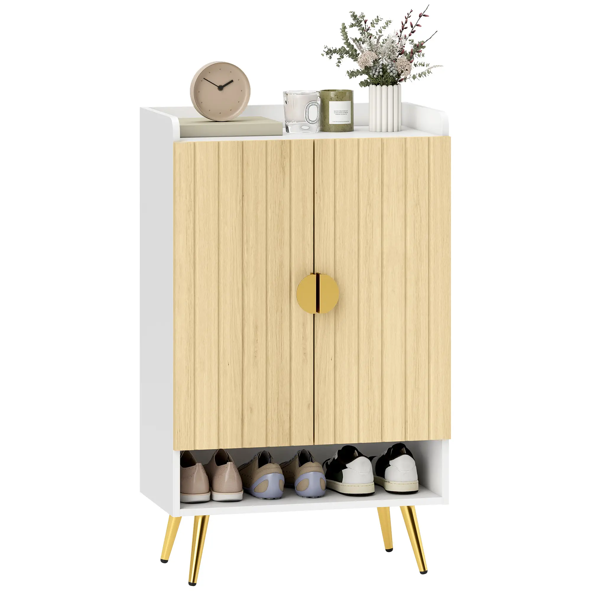 Entryway Shoe Storage Cabinet, Adjustable Shelves, Open Shelf, 15 Pairs, Natural