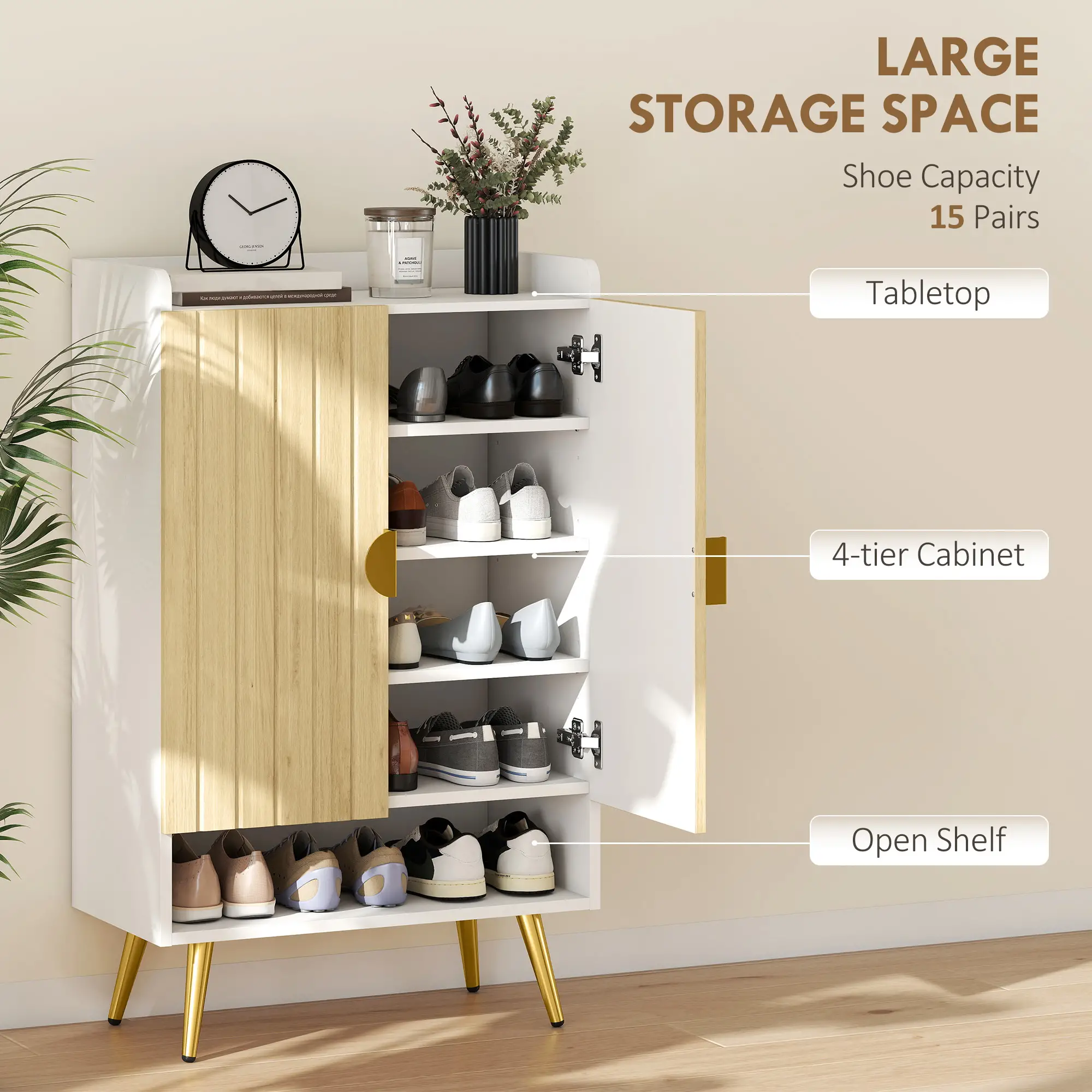 Entryway Shoe Storage Cabinet, Adjustable Shelves, Open Shelf, 15 Pairs, Natural - Image 4