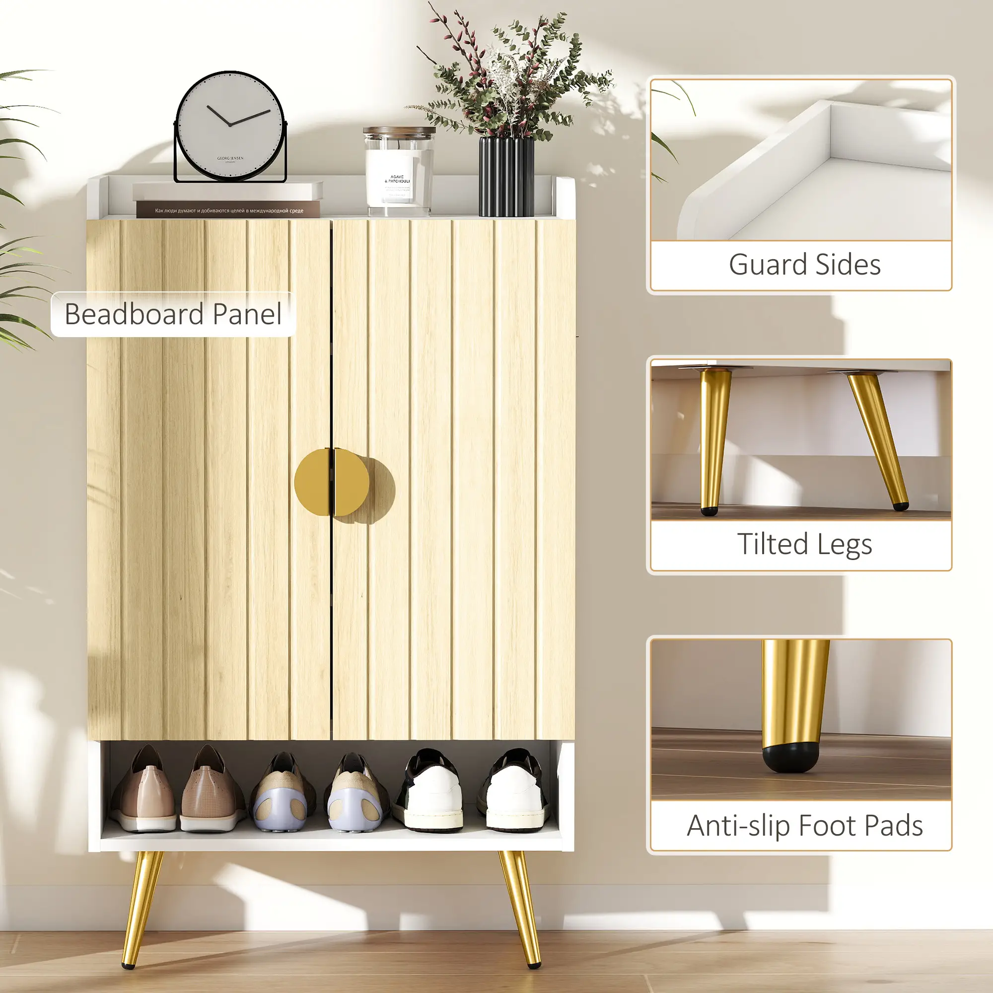 Entryway Shoe Storage Cabinet, Adjustable Shelves, Open Shelf, 15 Pairs, Natural - Image 7