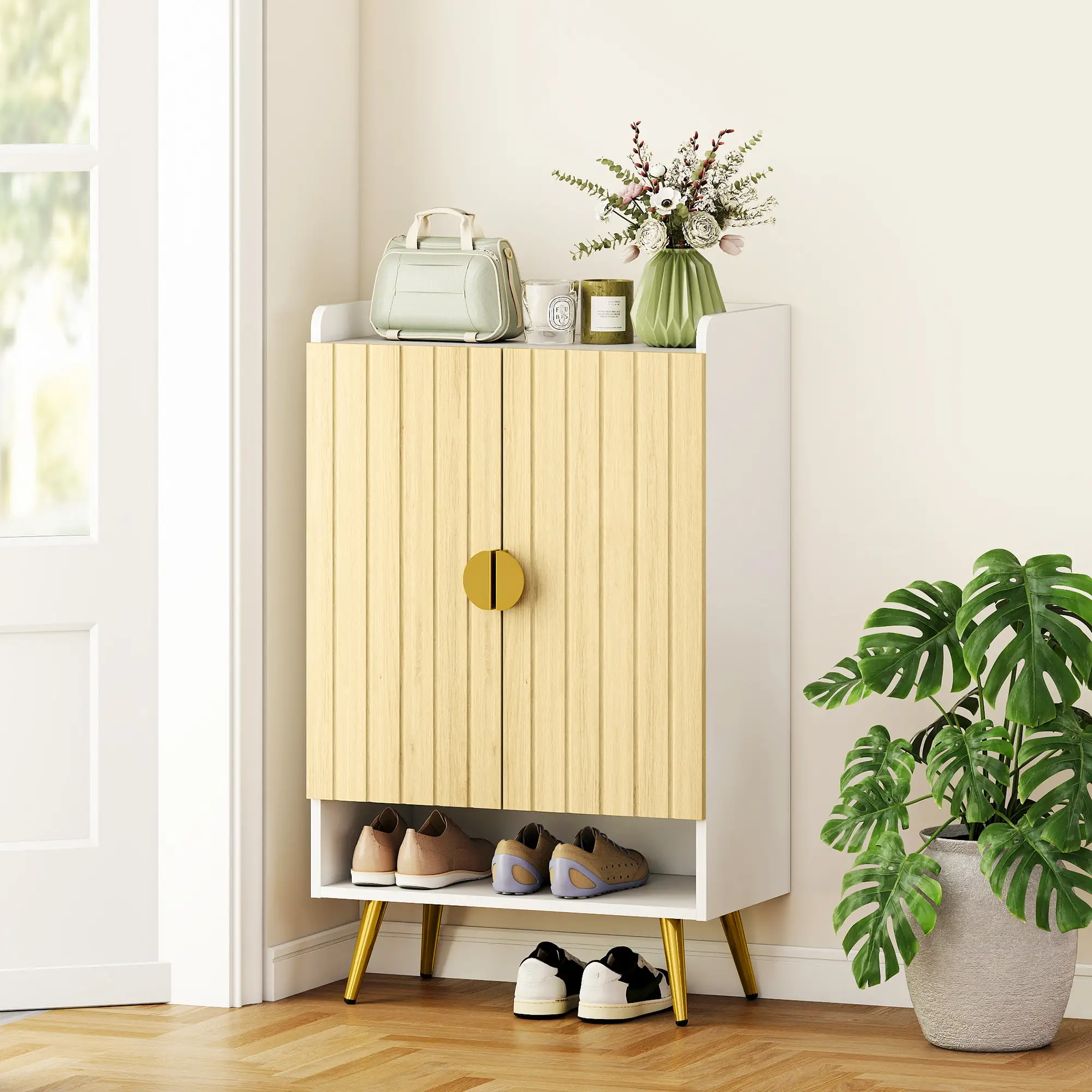 Entryway Shoe Storage Cabinet, Adjustable Shelves, Open Shelf, 15 Pairs, Natural - Image 8