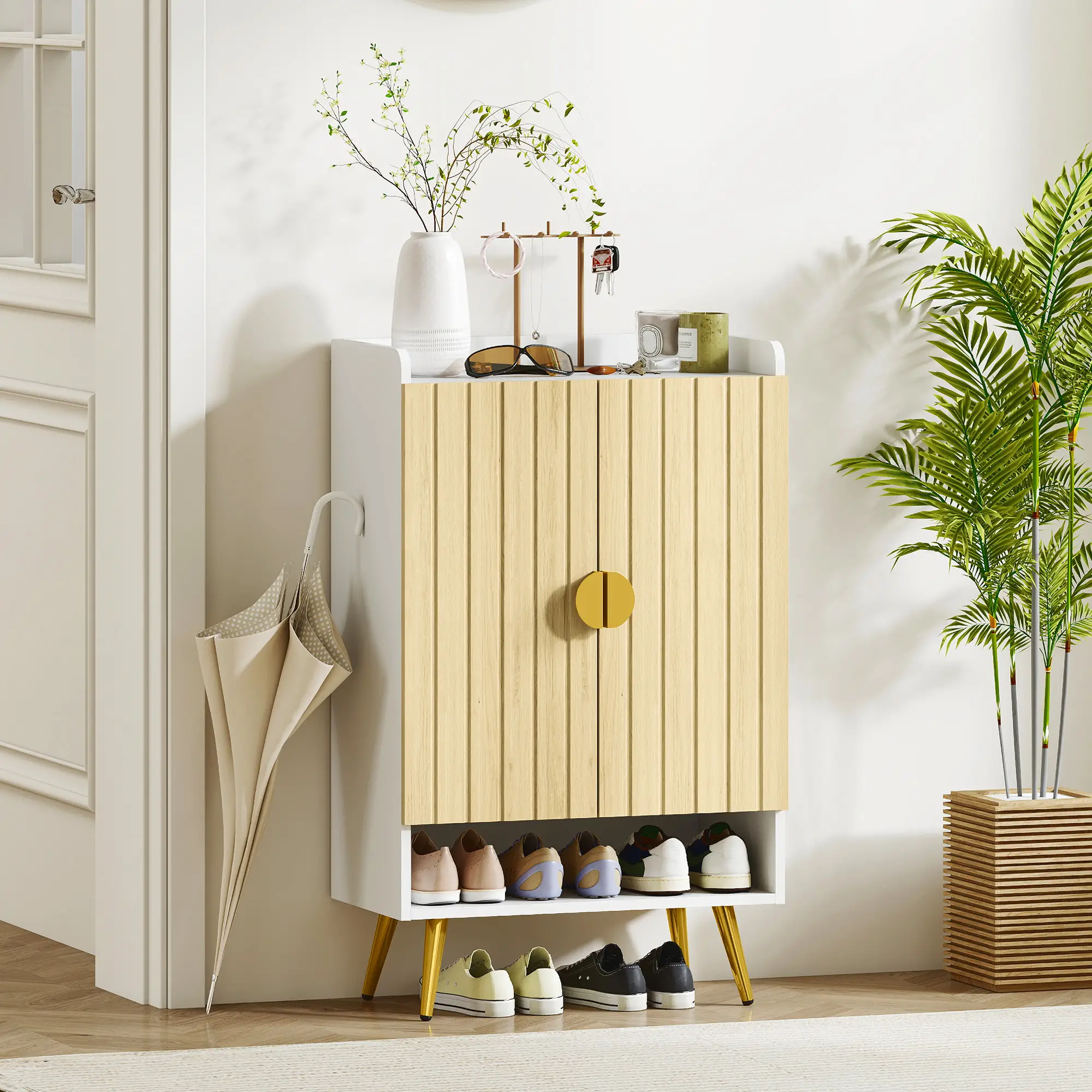 Entryway Shoe Storage Cabinet, Adjustable Shelves, Open Shelf, 15 Pairs, Natural - Image 9
