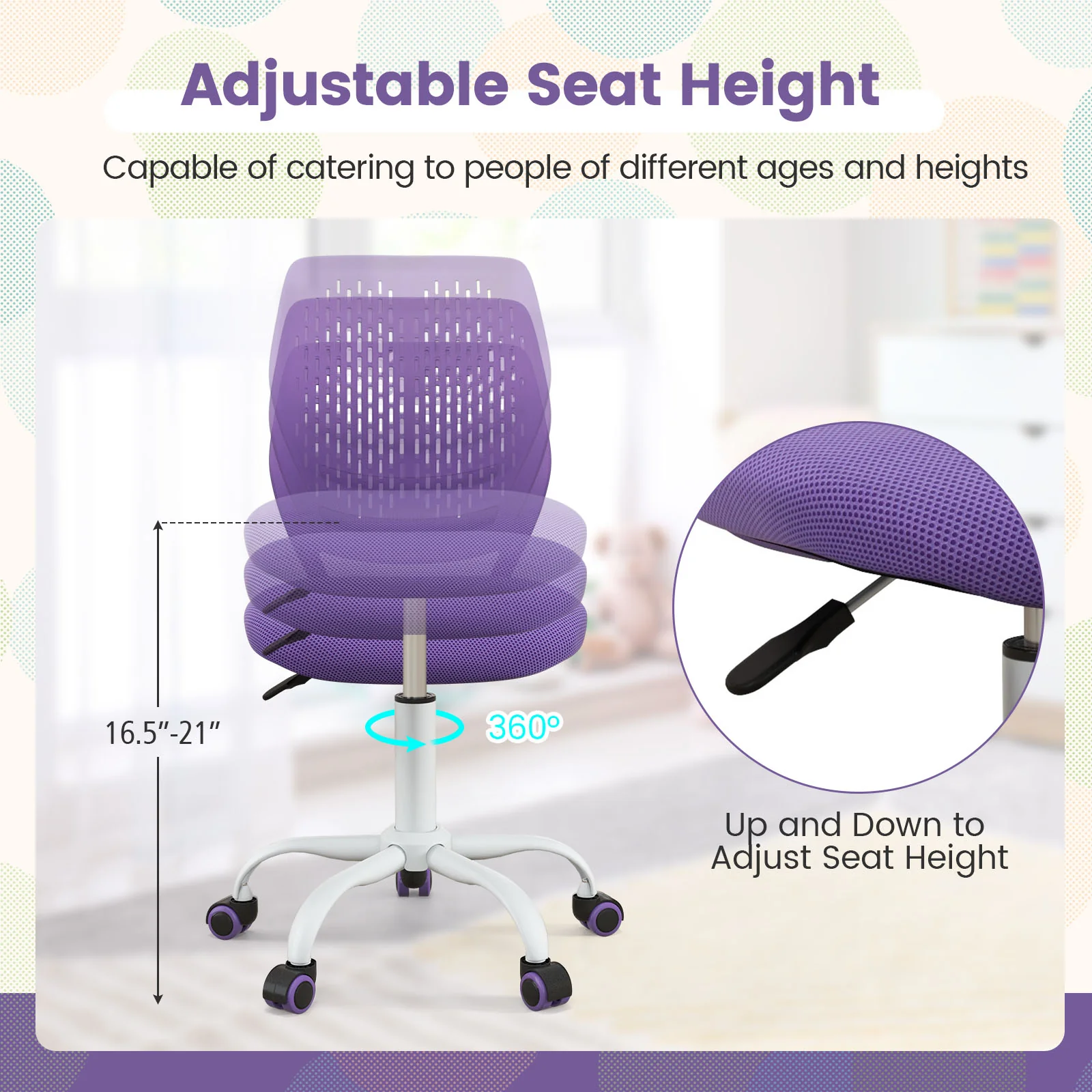 Ergonomic Children Study Chair, Adjustable Height, Purple - Image 9