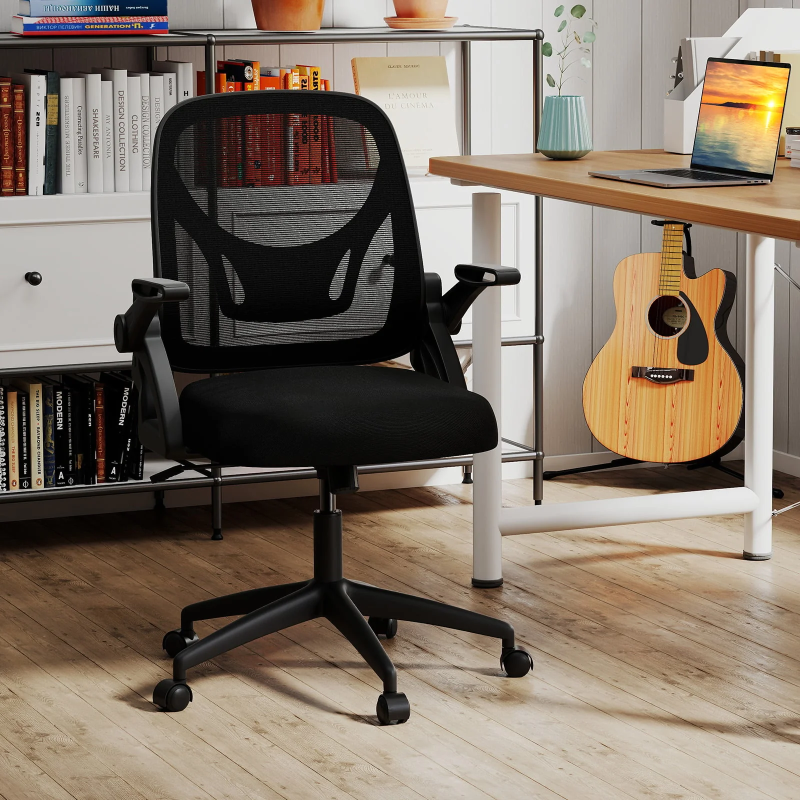 Ergonomic Desk Chair With Lumbar Support, Flip-Up Arms, Black - Image 2