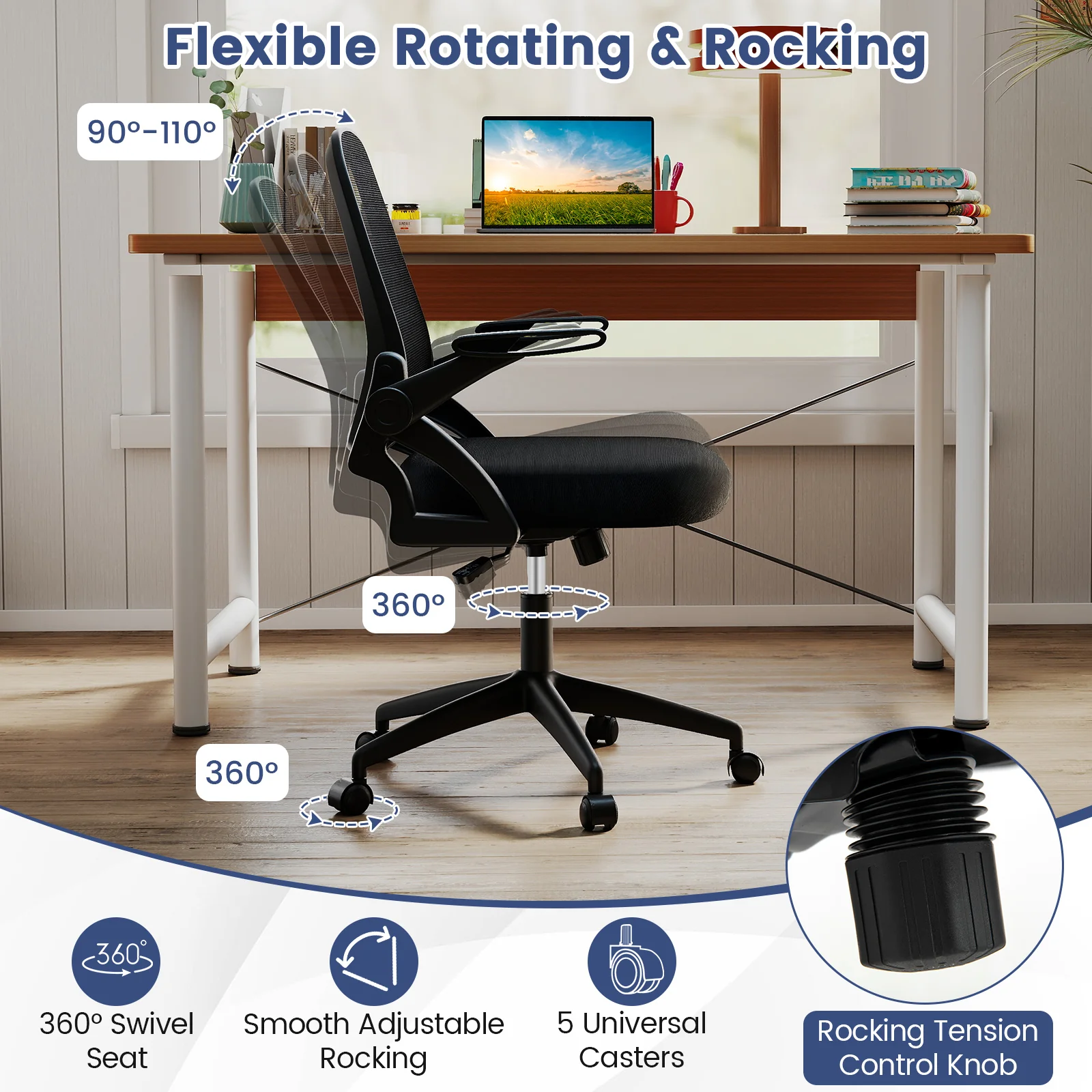 Ergonomic Desk Chair With Lumbar Support, Flip-Up Arms, Black - Image 8