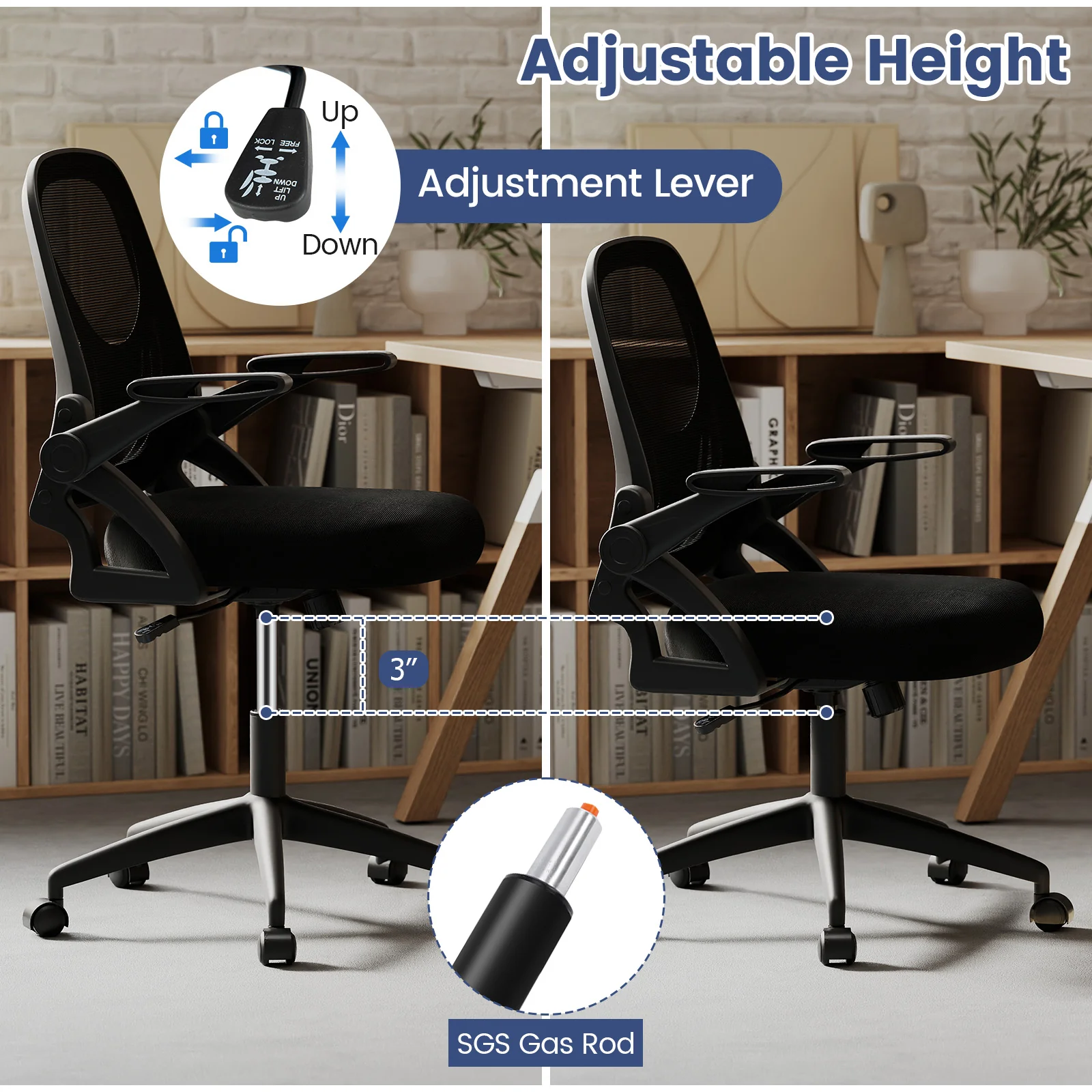 Ergonomic Desk Chair With Lumbar Support, Flip-Up Arms, Black - Image 9