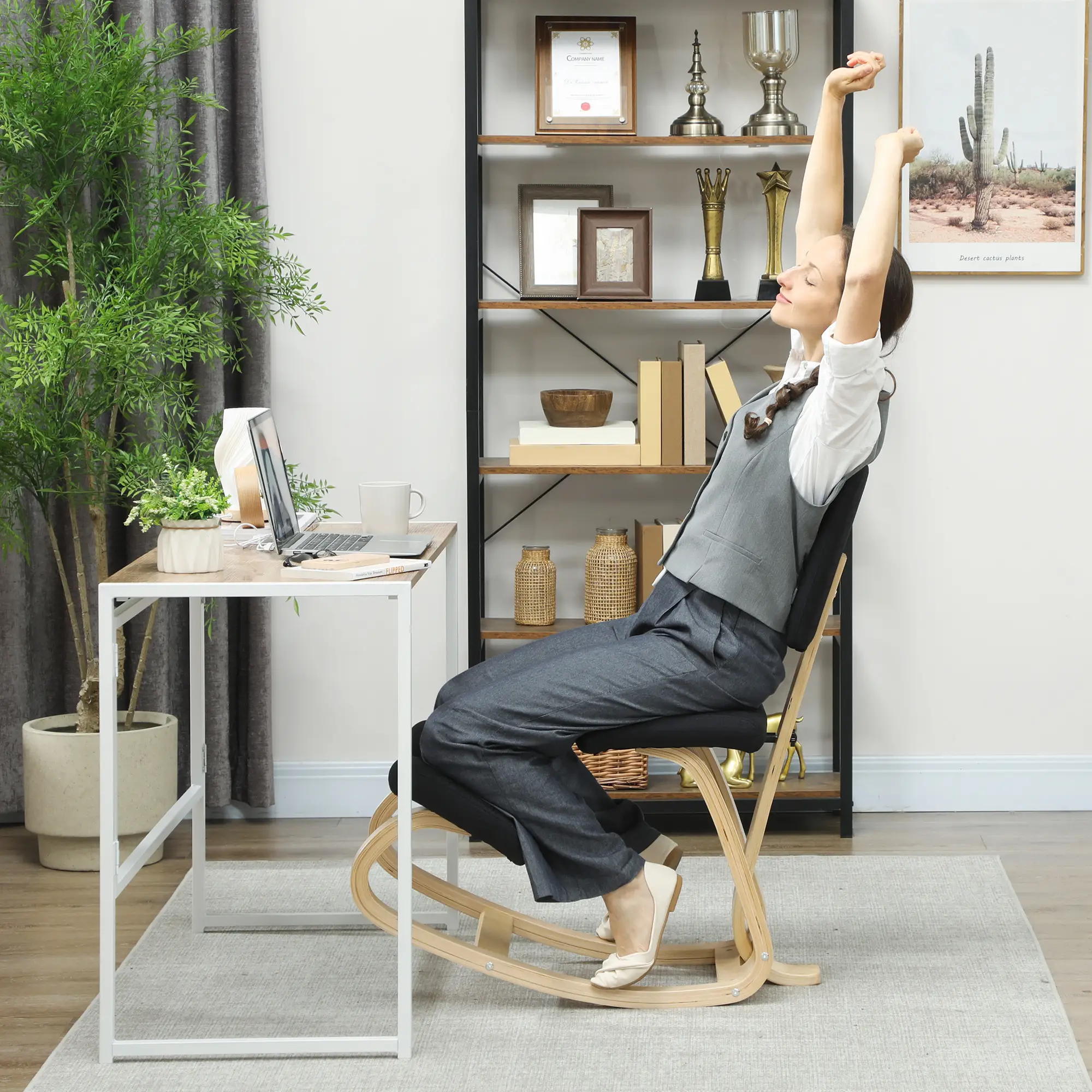 Ergonomic Kneeling Chair, Rocking Wood Stool with Backrest, Black - Image 9