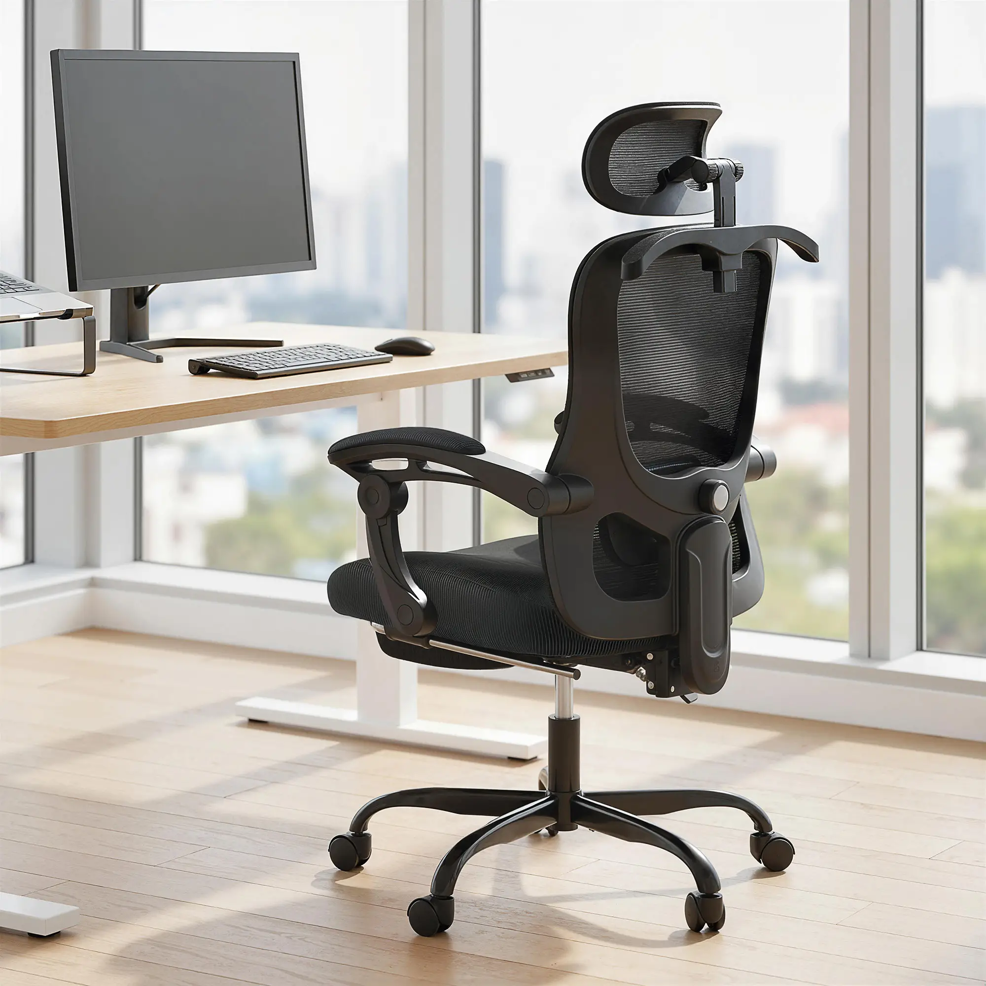 Ergonomic Mesh Office Chair, Adjustable Headrest, Lumbar Support, Black - Image 2