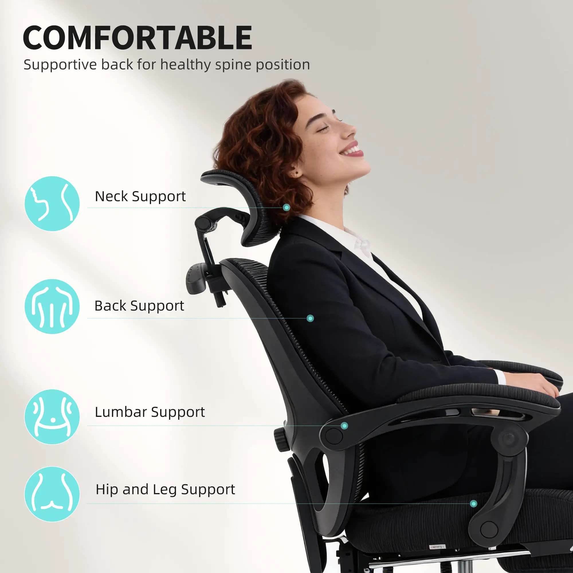 Ergonomic Mesh Office Chair, Adjustable Headrest, Lumbar Support, Black - Image 4
