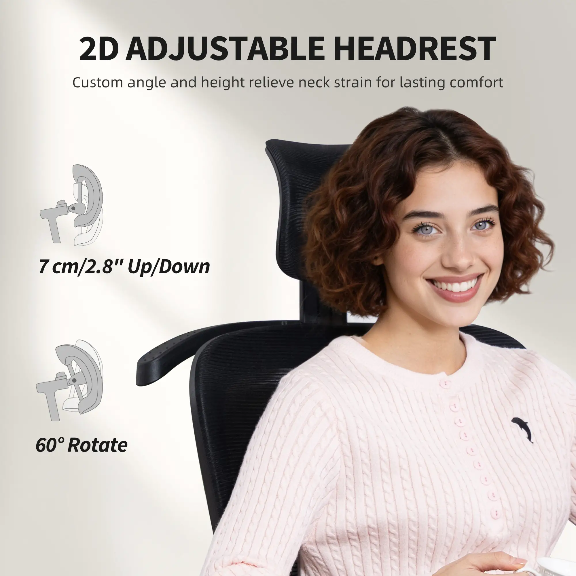 Ergonomic Mesh Office Chair, Adjustable Headrest, Lumbar Support, Black - Image 7