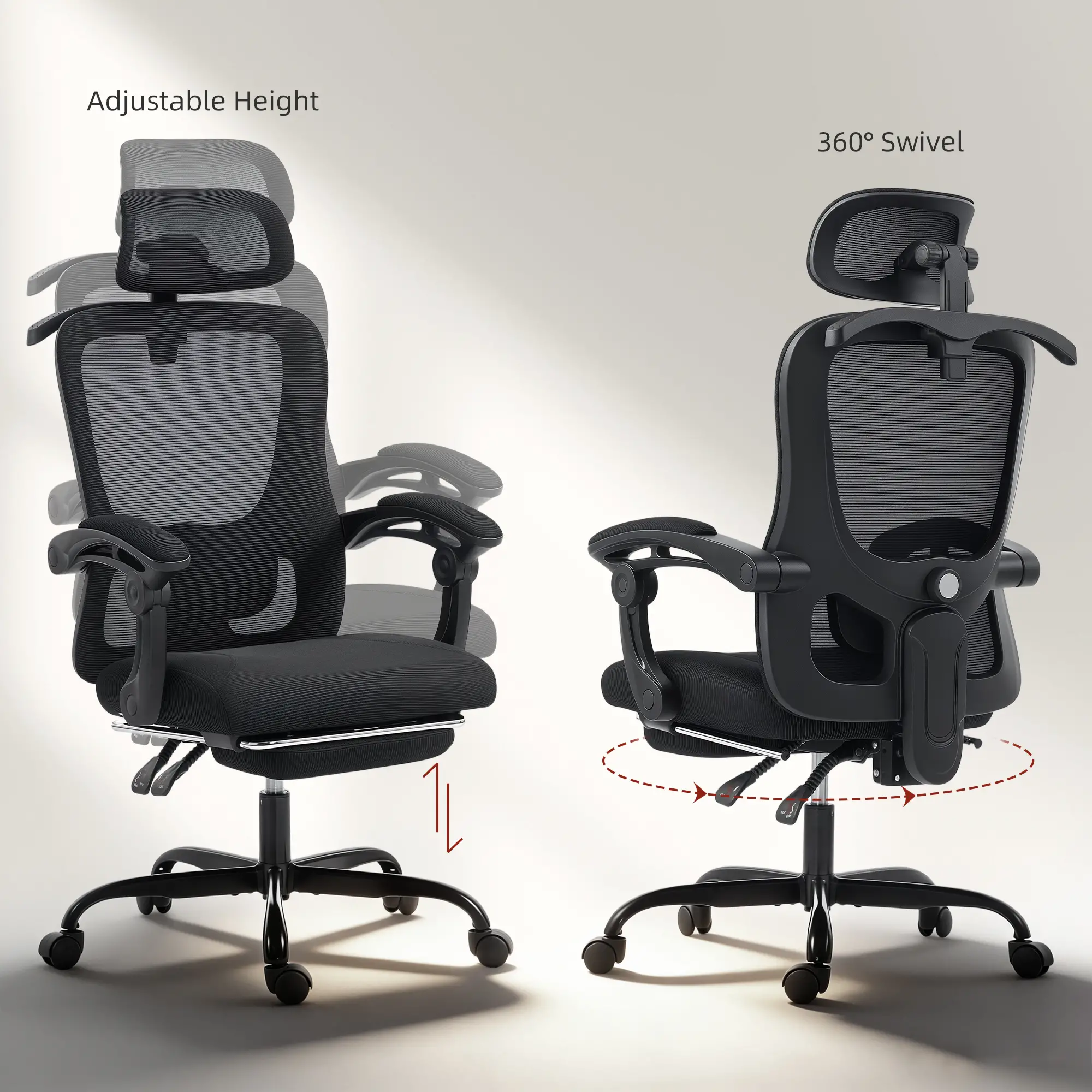 Ergonomic Mesh Office Chair, Adjustable Headrest, Lumbar Support, Black - Image 9