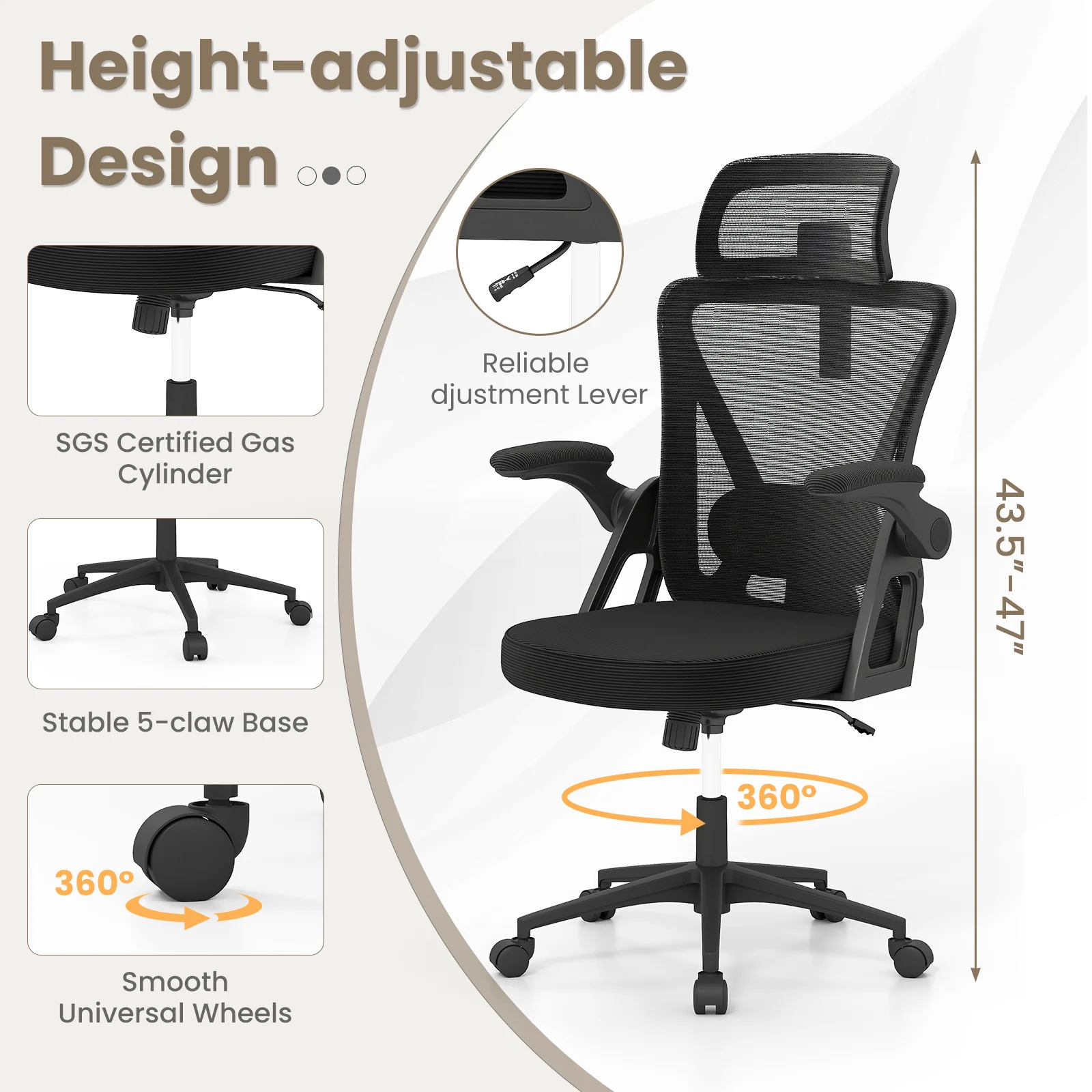 Ergonomic Mesh Office Chair, Adjustable Lumbar Support, Flip-Up Armrests, Black - Image 10