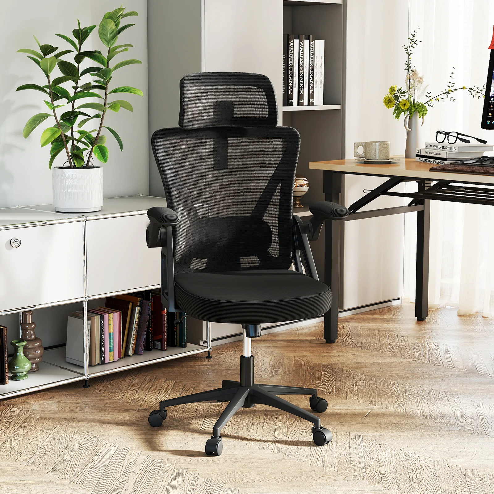 Ergonomic Mesh Office Chair, Adjustable Lumbar Support, Flip-Up Armrests, Black - Image 2