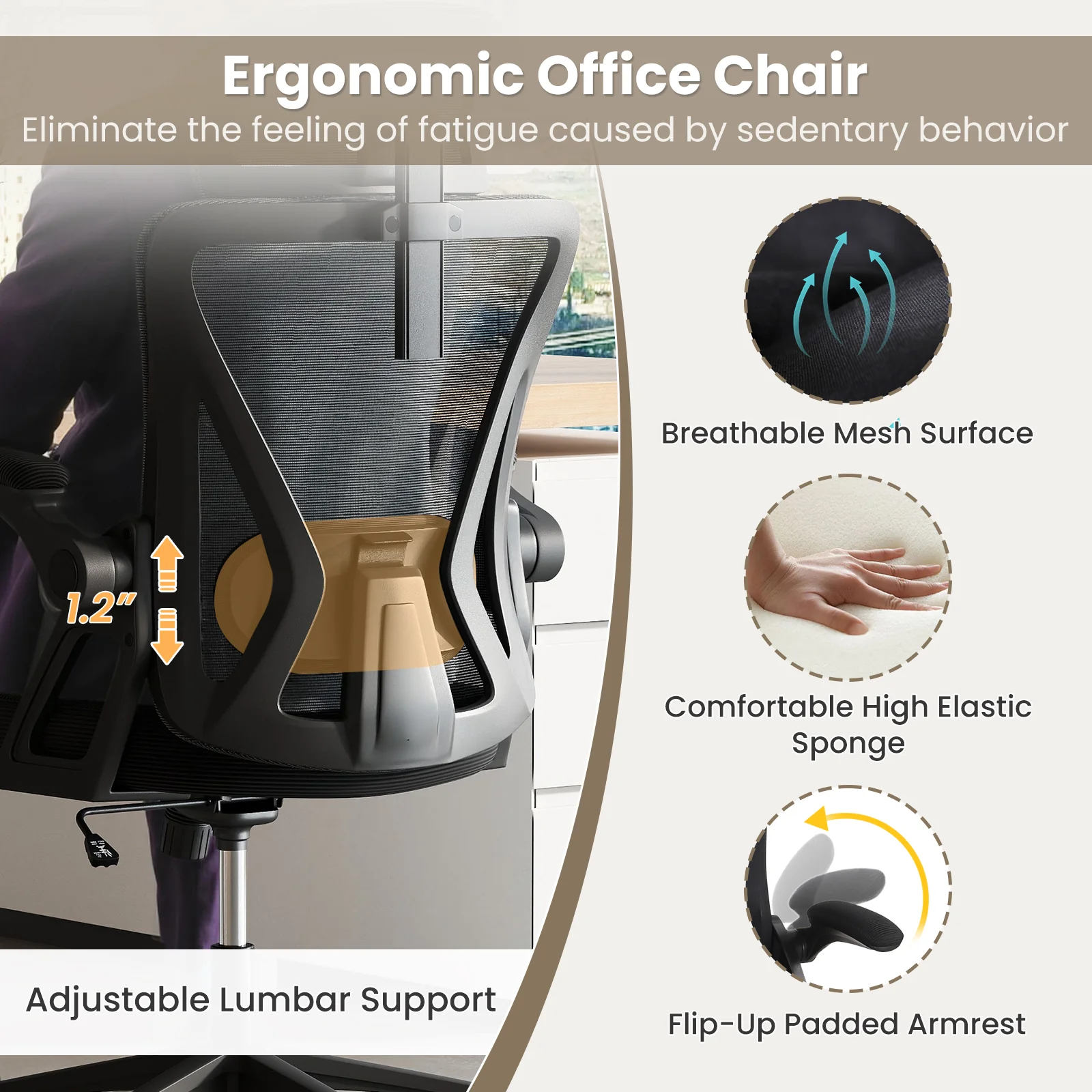 Ergonomic Mesh Office Chair, Adjustable Lumbar Support, Flip-Up Armrests, Black - Image 9
