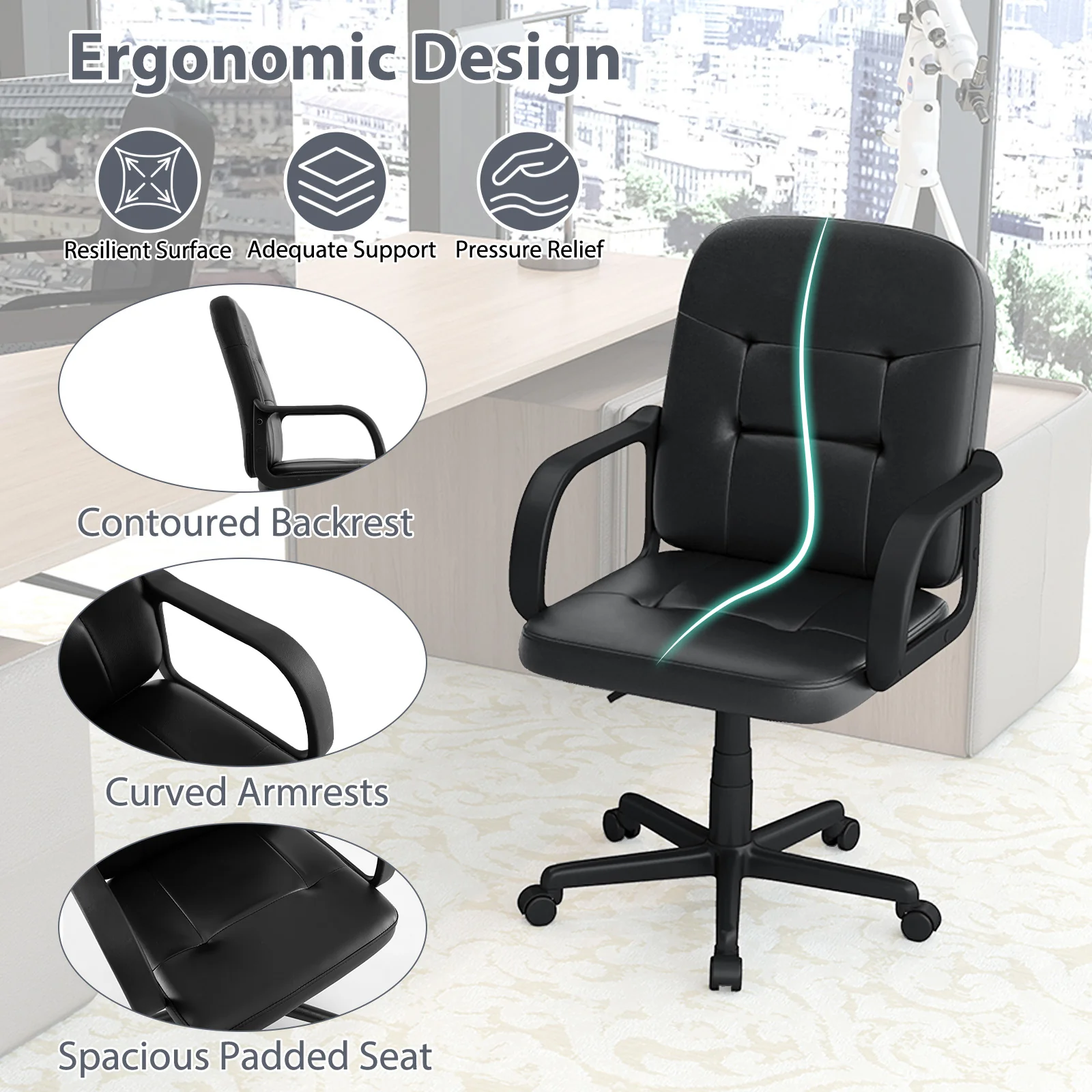 Ergonomic Office Chair, 360-Degree Wheels, Black - Image 8