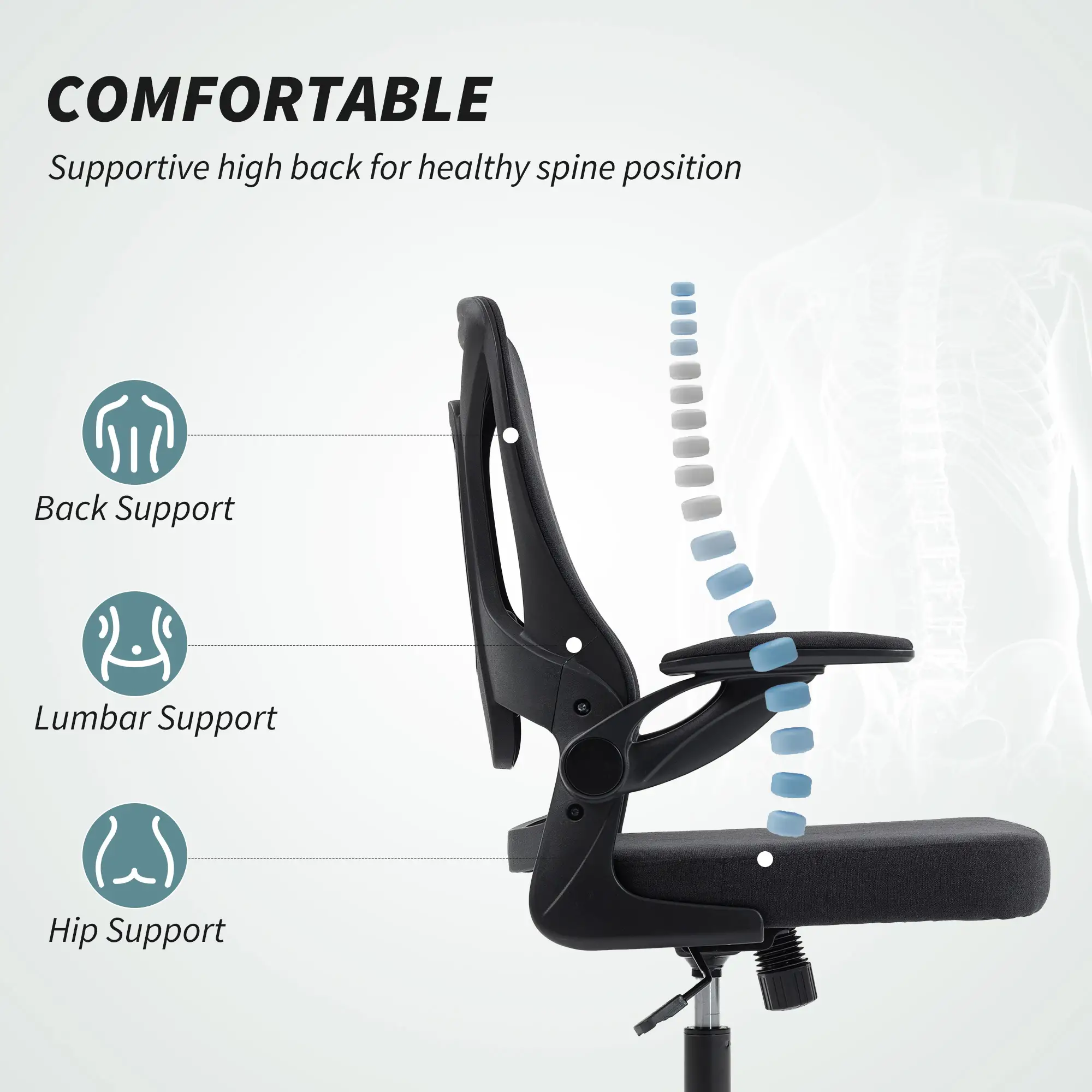 Ergonomic Office Chair, Adjustable Lumbar Support, Flip Up Armrests, Black - Image 4