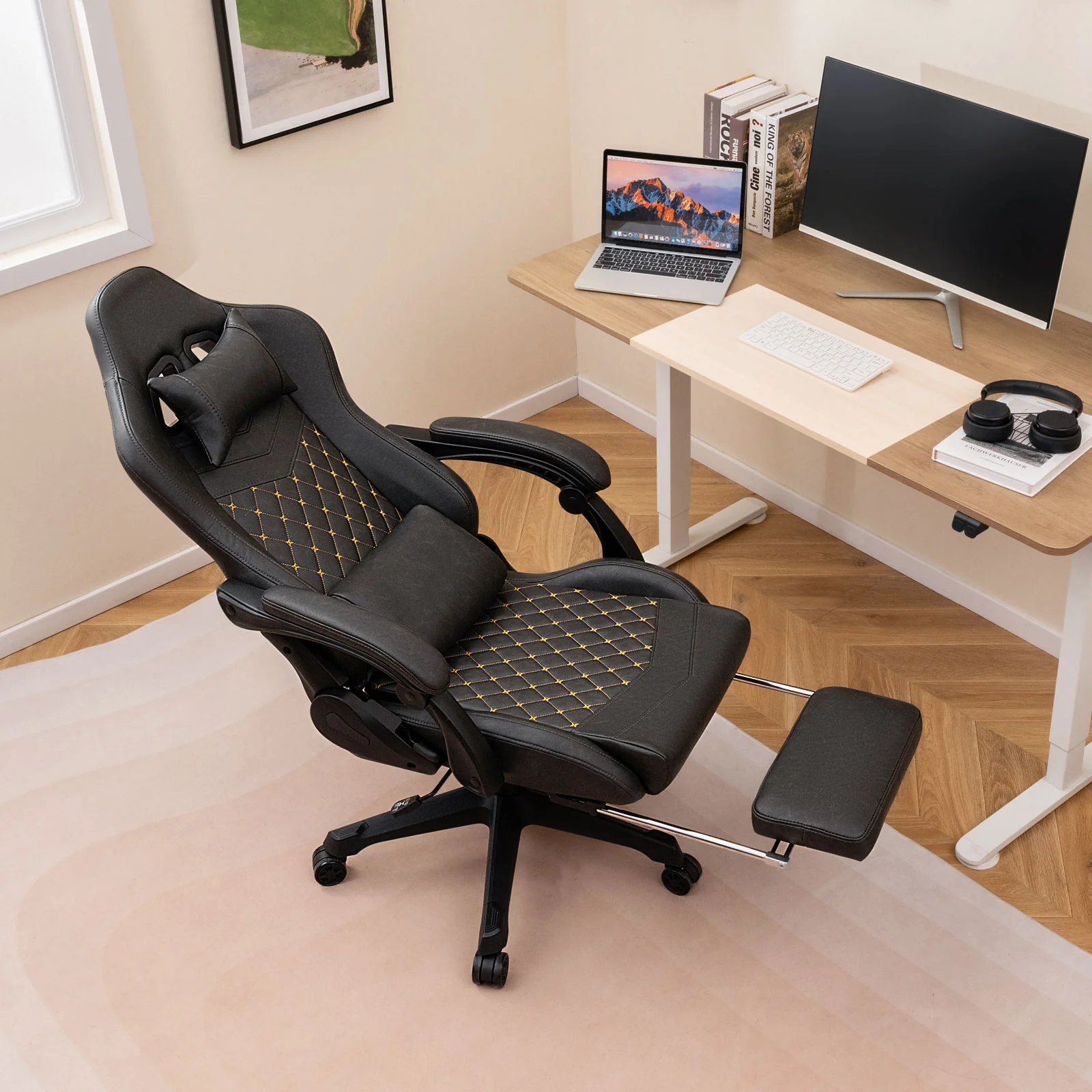 Ergonomic Video Game Chair With Headrest, Lumbar Pillow, Black - Image 2