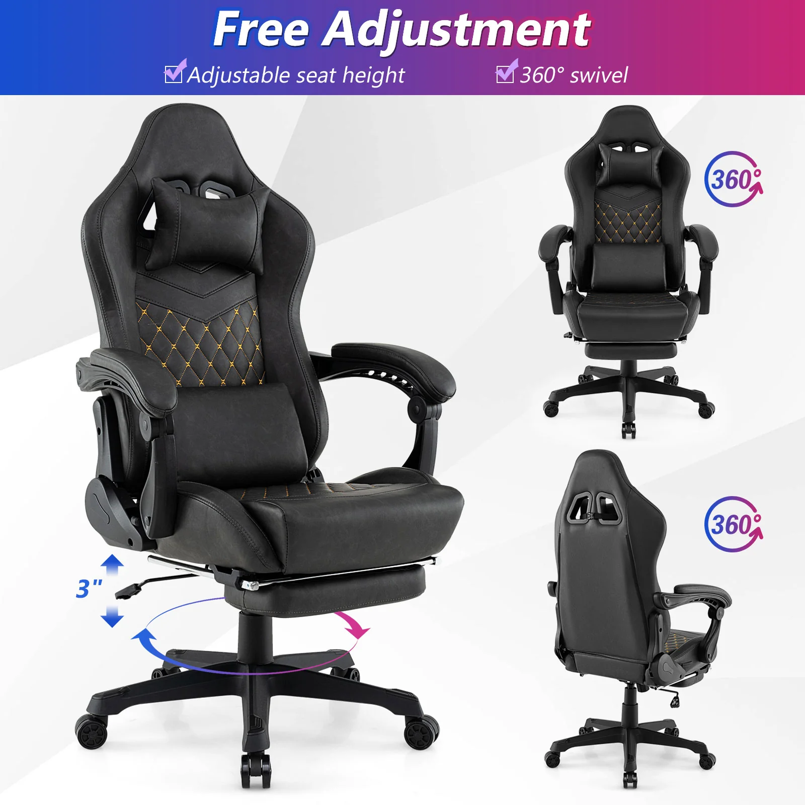 Ergonomic Video Game Chair With Headrest, Lumbar Pillow, Black - Image 5