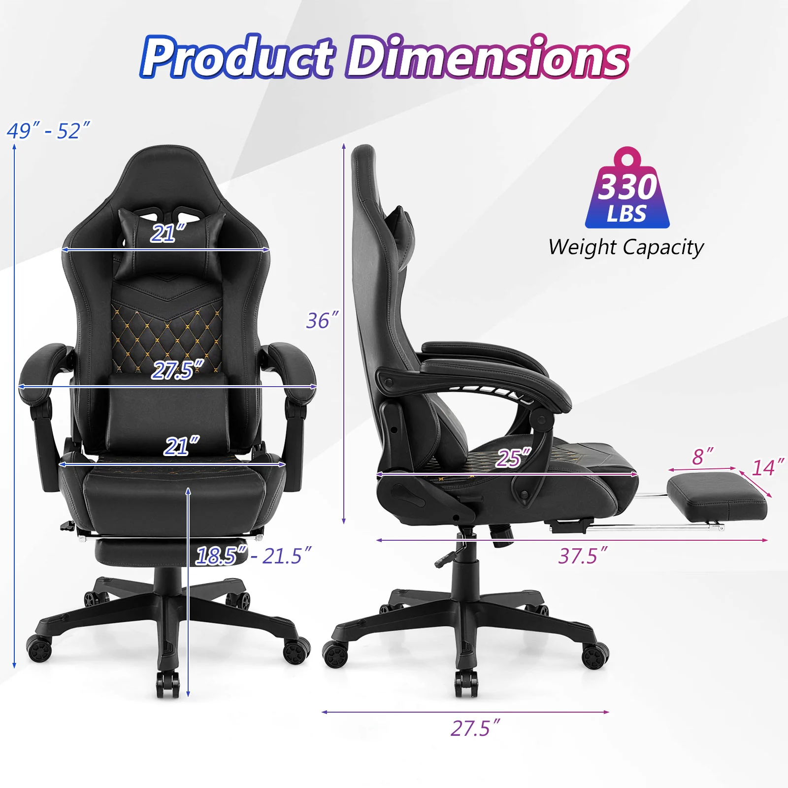 Ergonomic Video Game Chair With Headrest, Lumbar Pillow, Black - Image 6