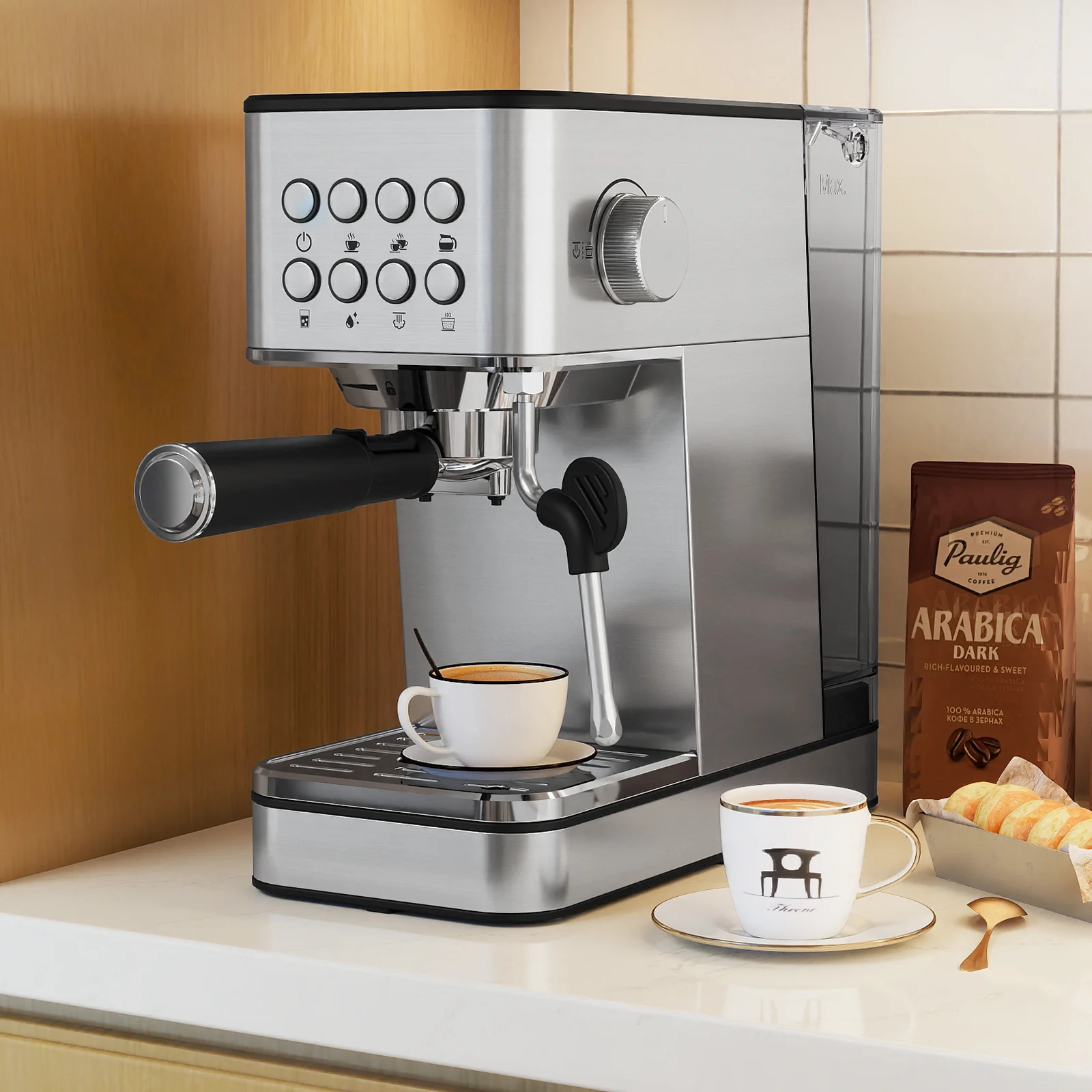 Espresso Machine 20 Bar Compact Stainless Steel Coffee Maker with Milk Frother, Silver - Image 2