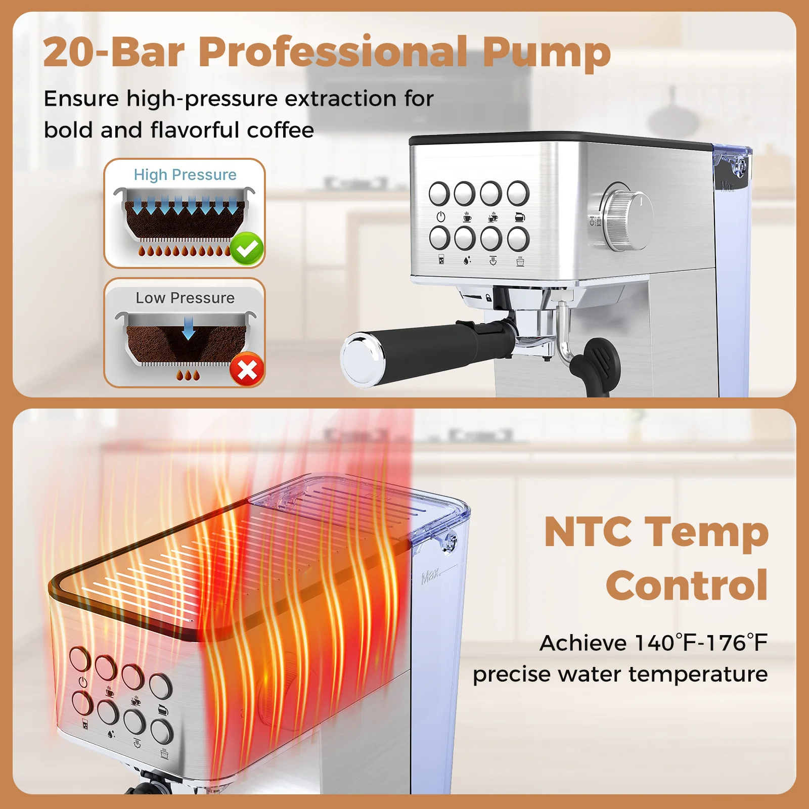 Espresso Machine 20 Bar Compact Stainless Steel Coffee Maker with Milk Frother, Silver - Image 7