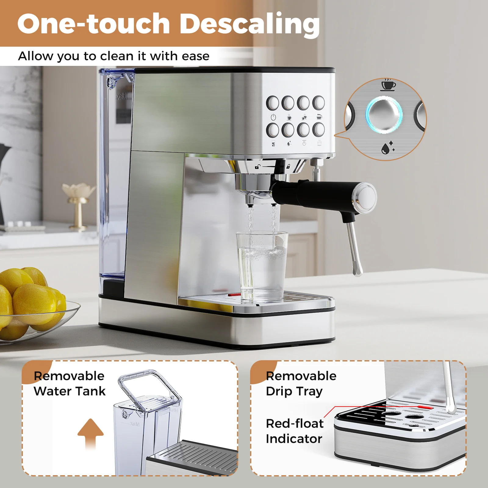Espresso Machine 20 Bar Compact Stainless Steel Coffee Maker with Milk Frother, Silver - Image 8