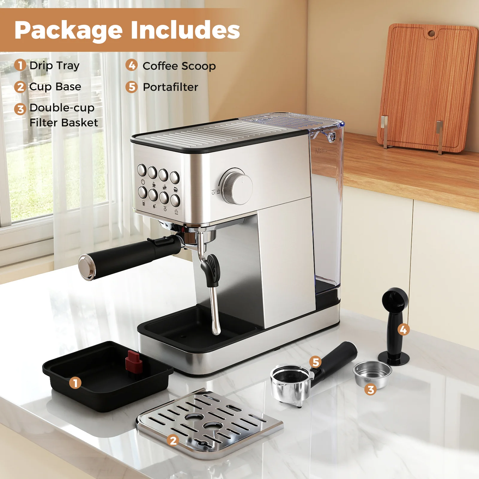 Espresso Machine 20 Bar Compact Stainless Steel Coffee Maker with Milk Frother, Silver - Image 9
