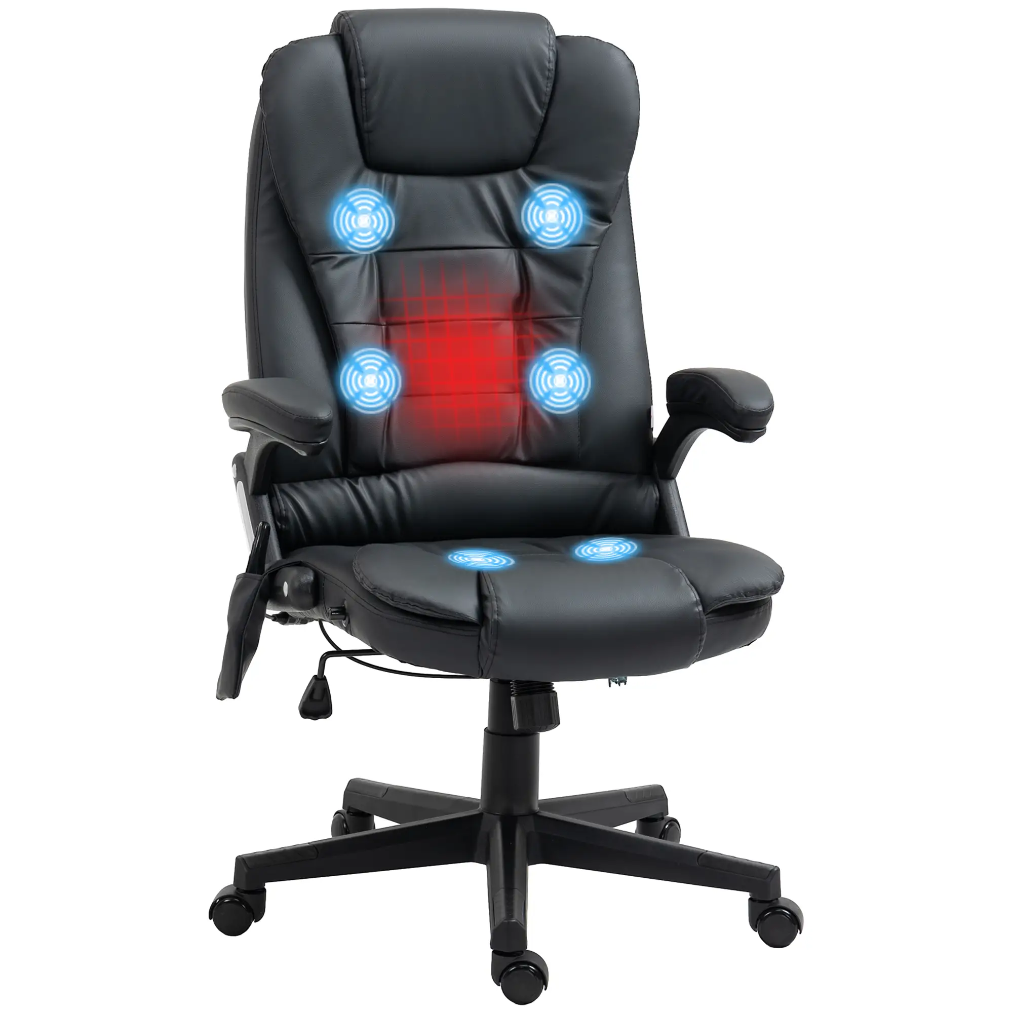 Executive Massage Chair, Heated High Back, Reclining, Swivel, Leather, Adjustable, Vibrating, Black