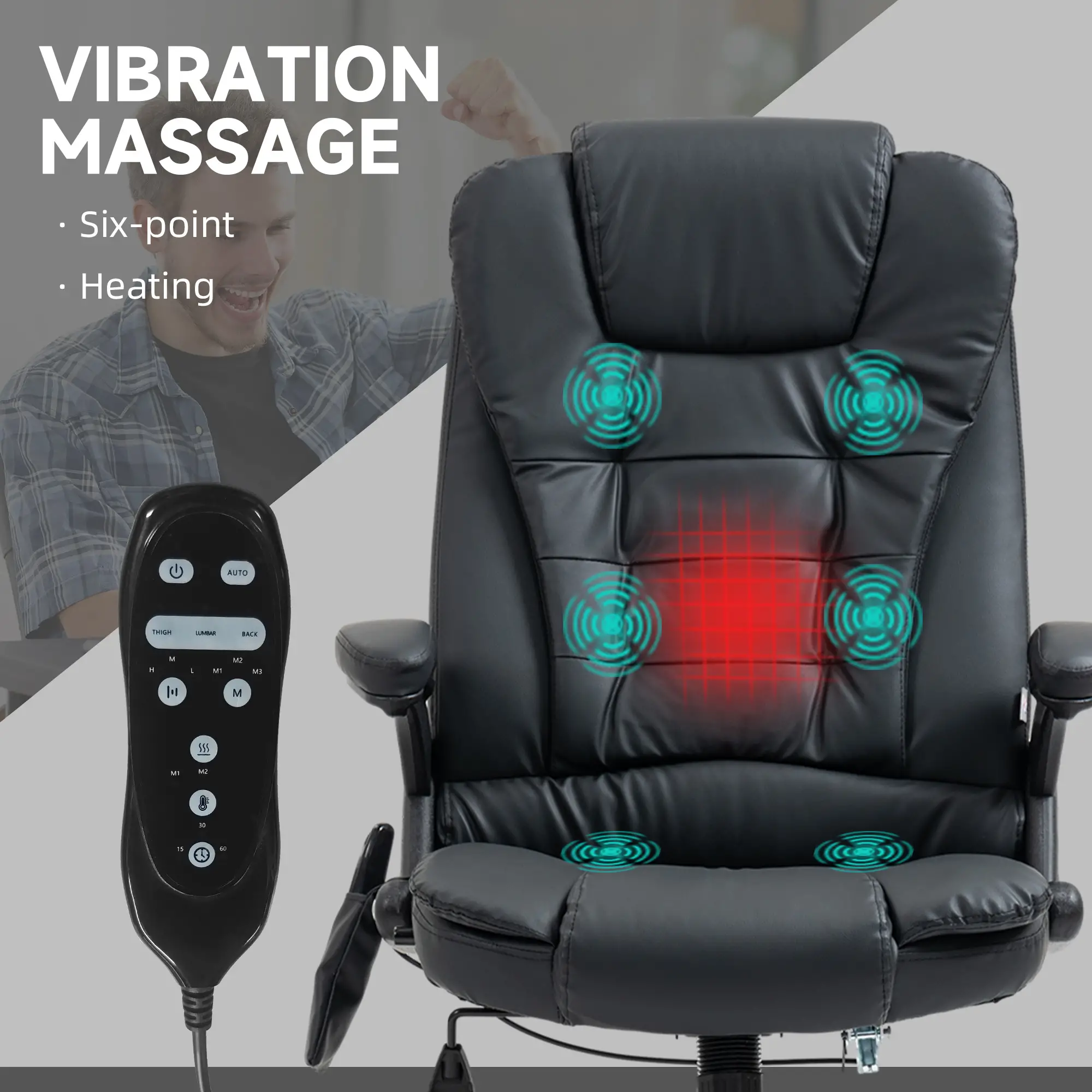 Executive Massage Chair, Heated High Back, Reclining, Swivel, Leather, Adjustable, Vibrating, Black - Image 4