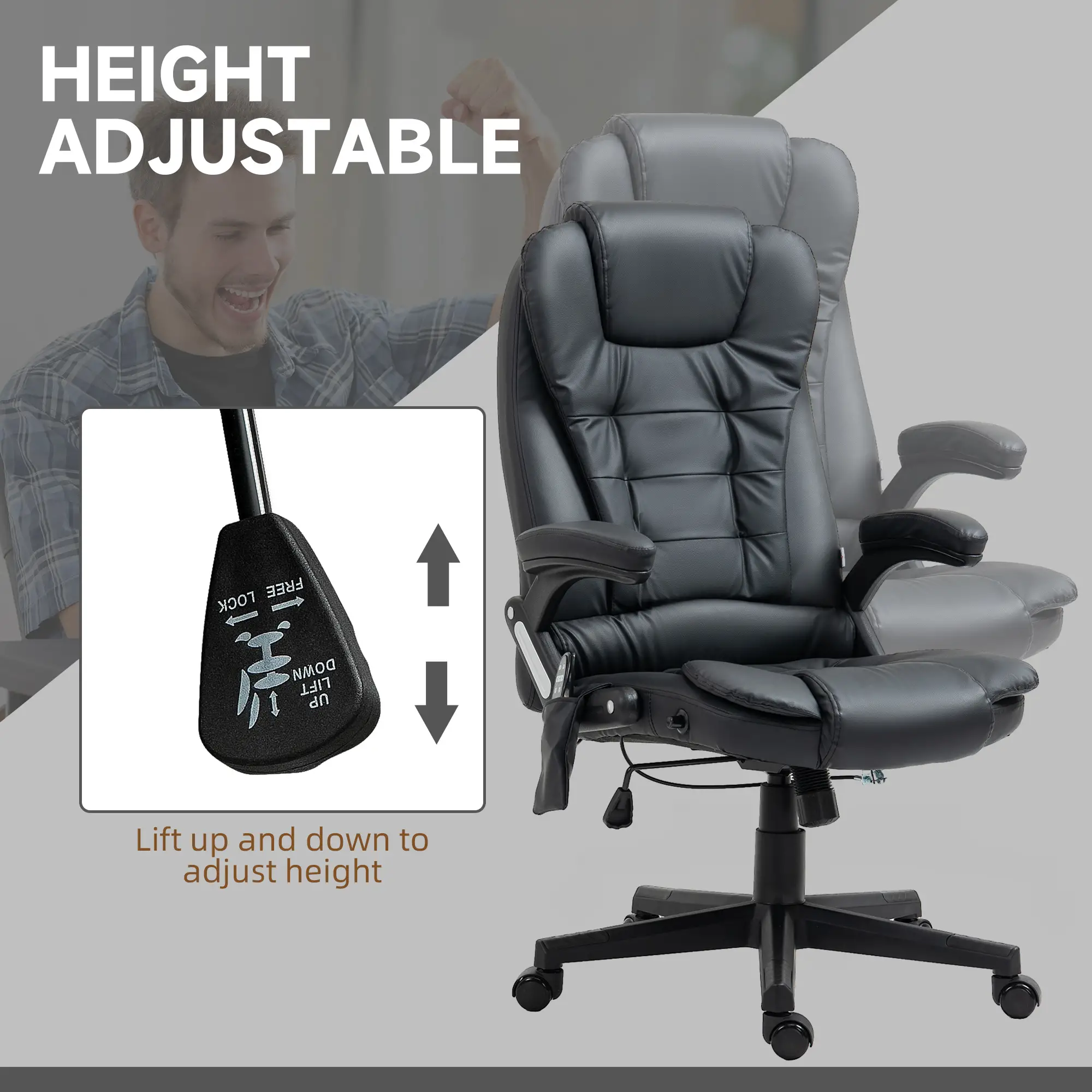 Executive Massage Chair, Heated High Back, Reclining, Swivel, Leather, Adjustable, Vibrating, Black - Image 5
