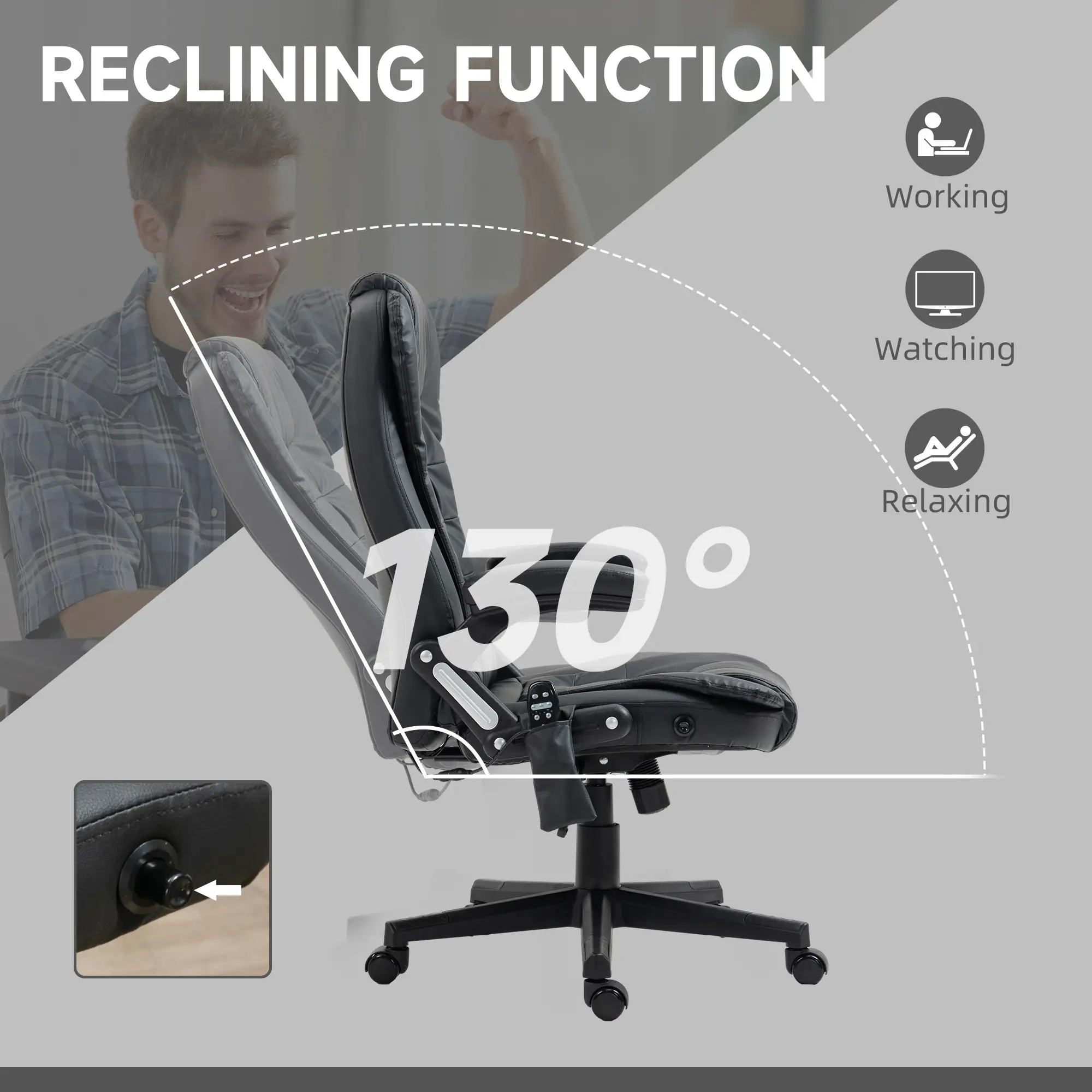 Executive Massage Chair, Heated High Back, Reclining, Swivel, Leather, Adjustable, Vibrating, Black - Image 6